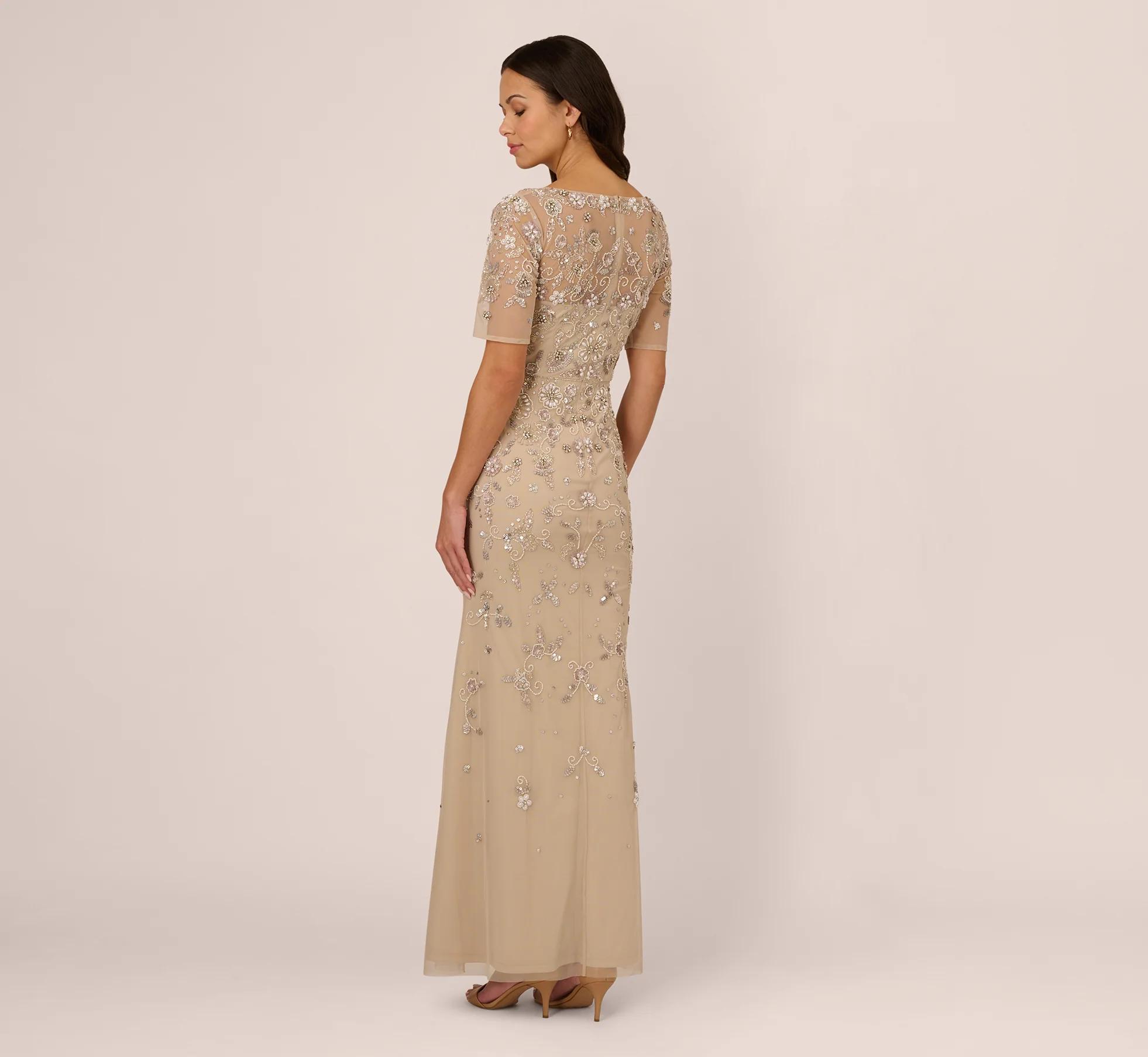 3D Floral Beaded Mermaid Gown With Sheer Short Sleeves In Biscotti - Image 5