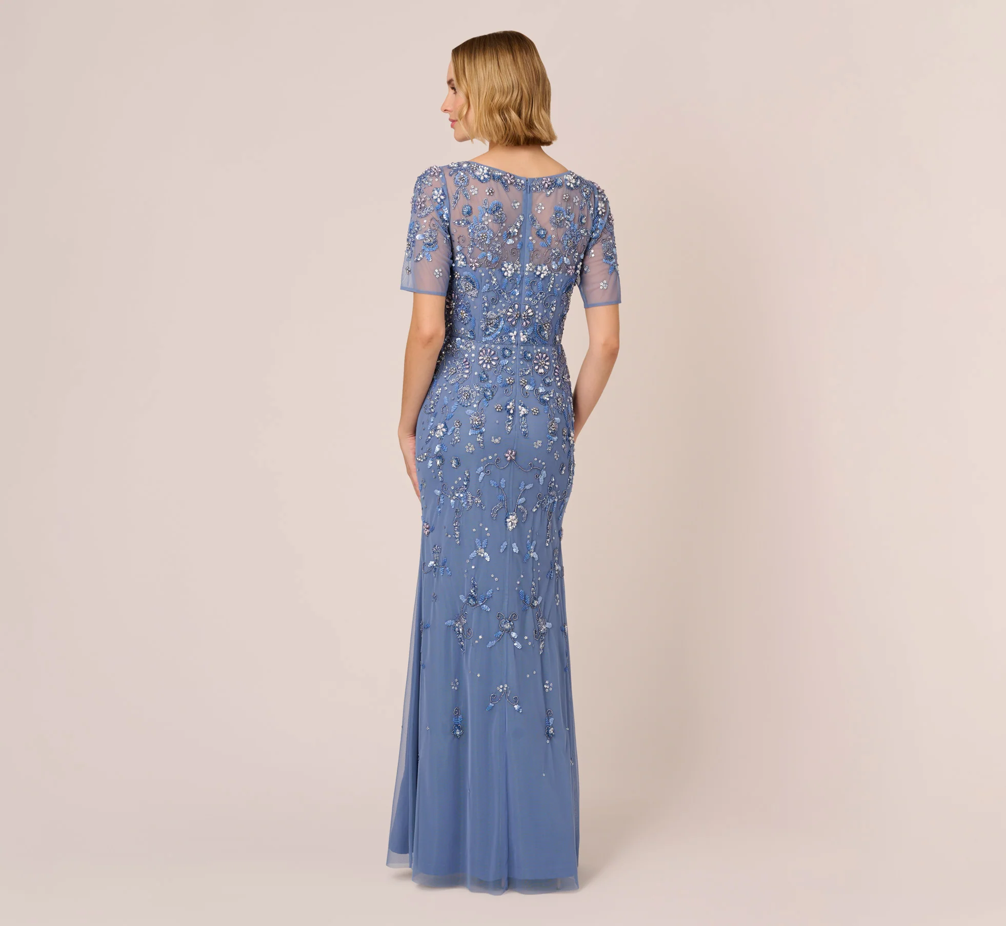 3D Floral Beaded Mermaid Gown With Sheer Short Sleeves In French Blue - Image 5