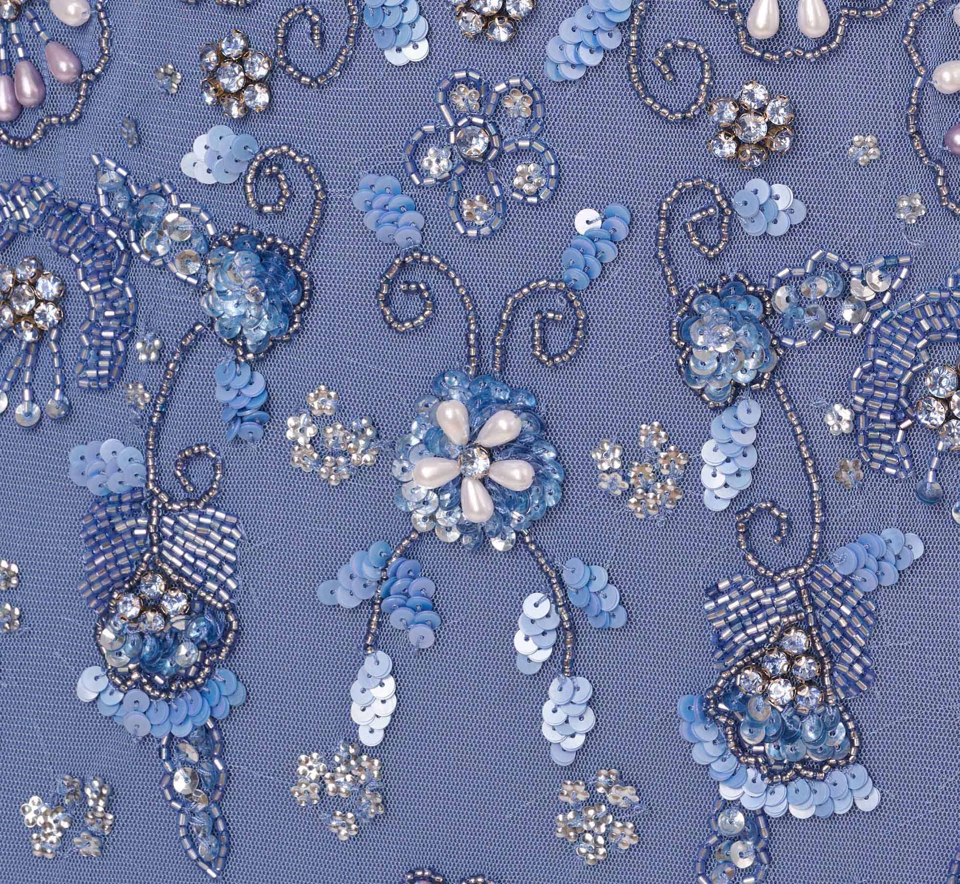 3D Floral Beaded Mermaid Gown With Sheer Short Sleeves In French Blue - Image 6