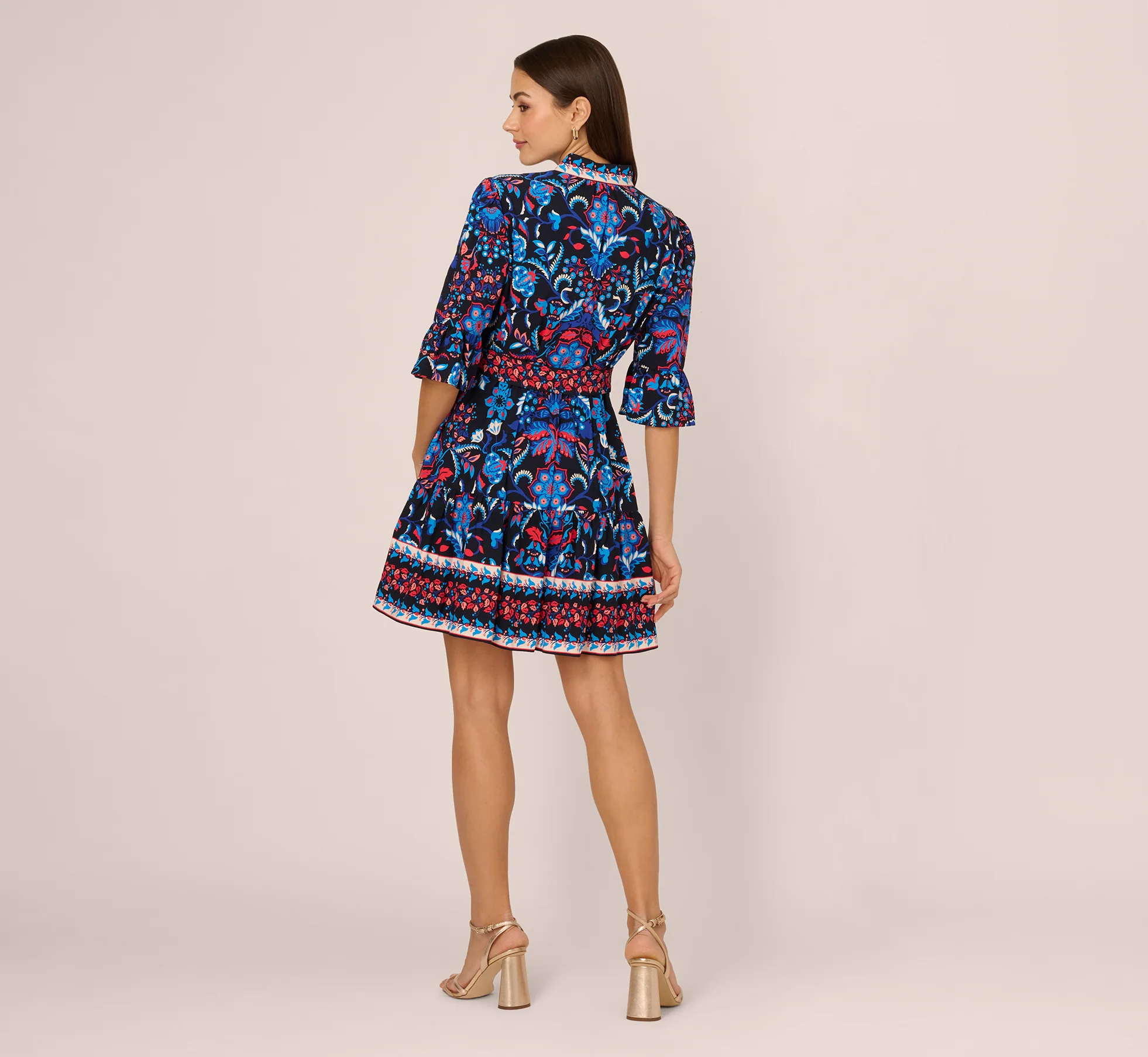 Abstract Print Button Down Dress With Three Quarter Bell Sleeves In Navy Multi - Image 5