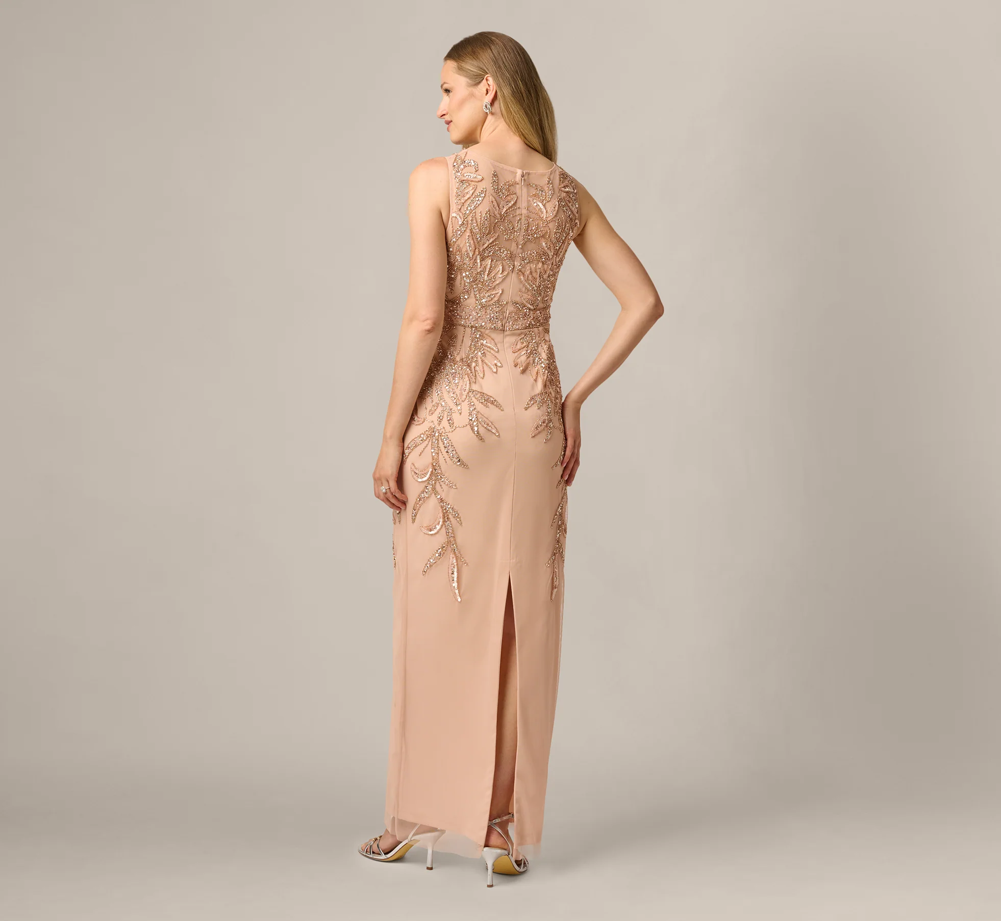 Adrianna Papell Hand-Beaded Sleeveless Slim Column Gown In Rose Gold - Image 5