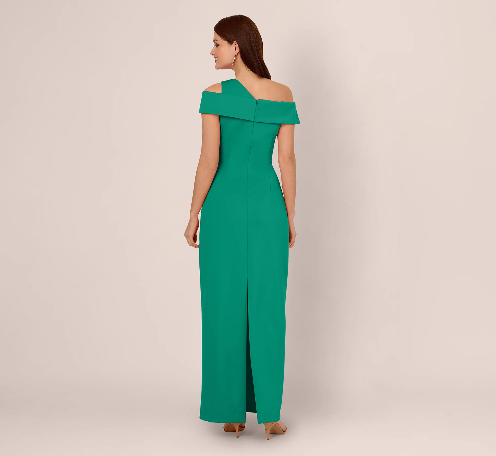 Asymmetrical Draped Column Gown In Emerald - Image 5