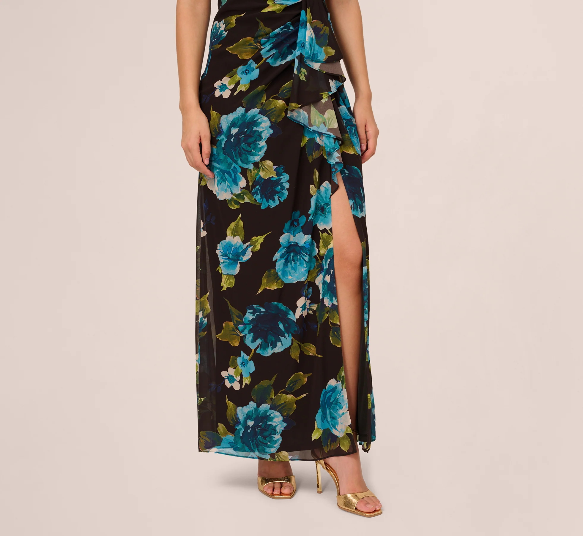 Asymmetrical Draped Floral Chiffon Gown In Black Multi - Image 4