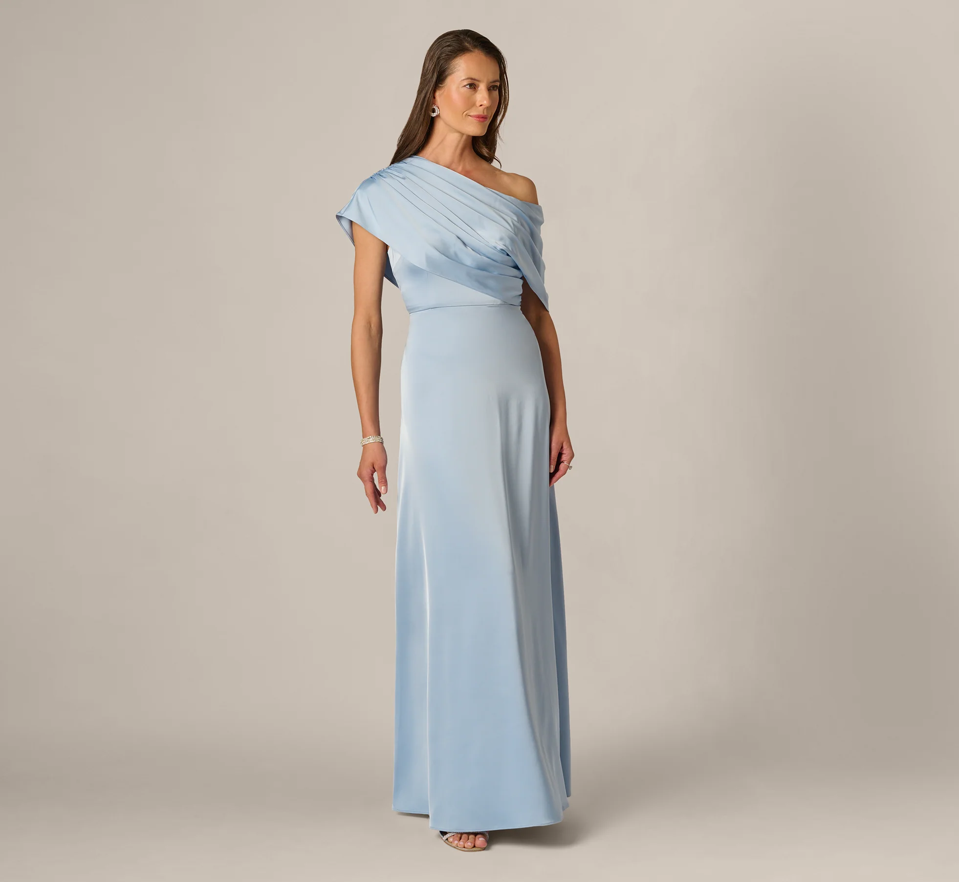 Asymmetrical Draped Neck Stretch Satin Gown In Elegant Sky - Image 3