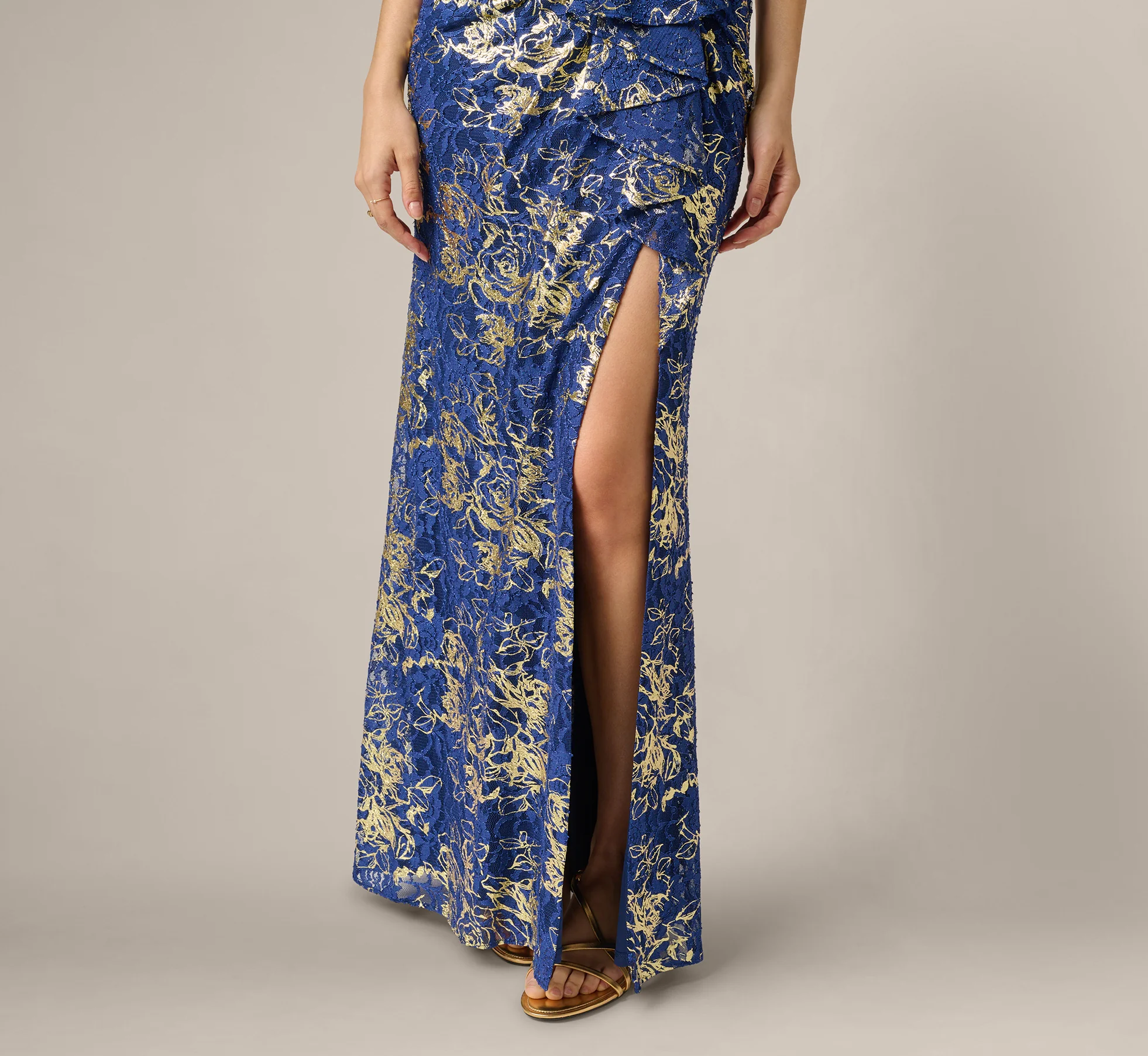 Asymmetrical Draped Stretch Metallic Lace Gown In Navy Gold - Image 4