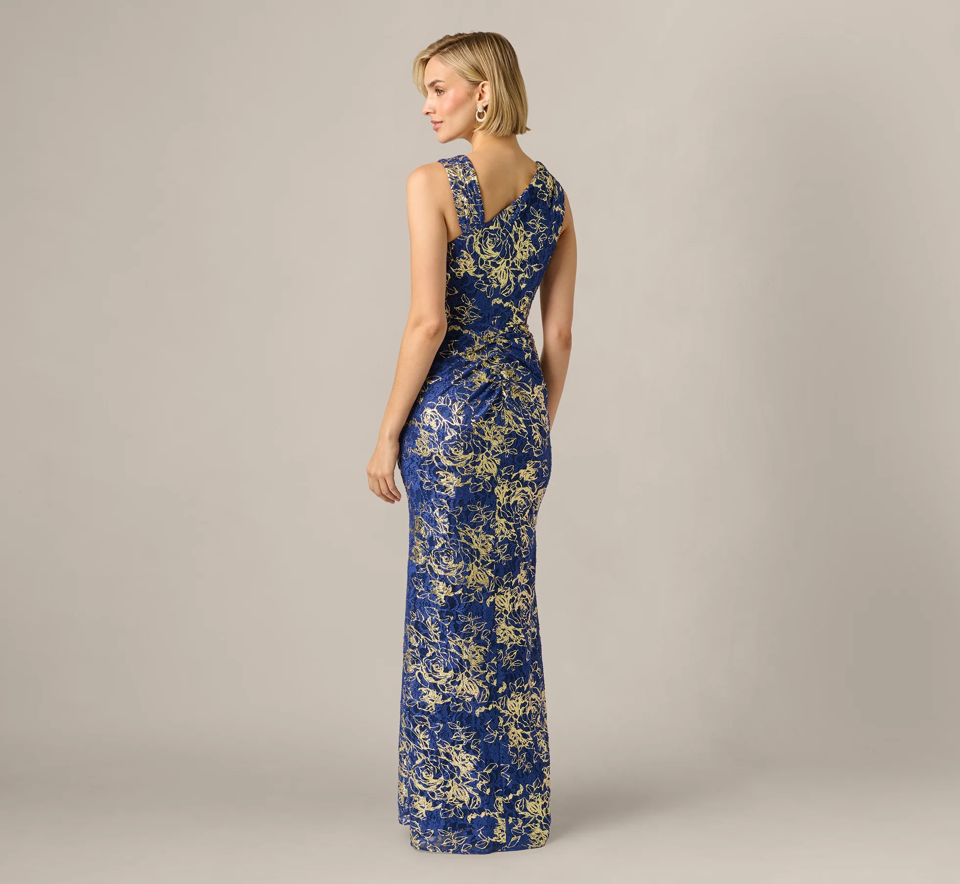 Asymmetrical Draped Stretch Metallic Lace Gown In Navy Gold - Image 5