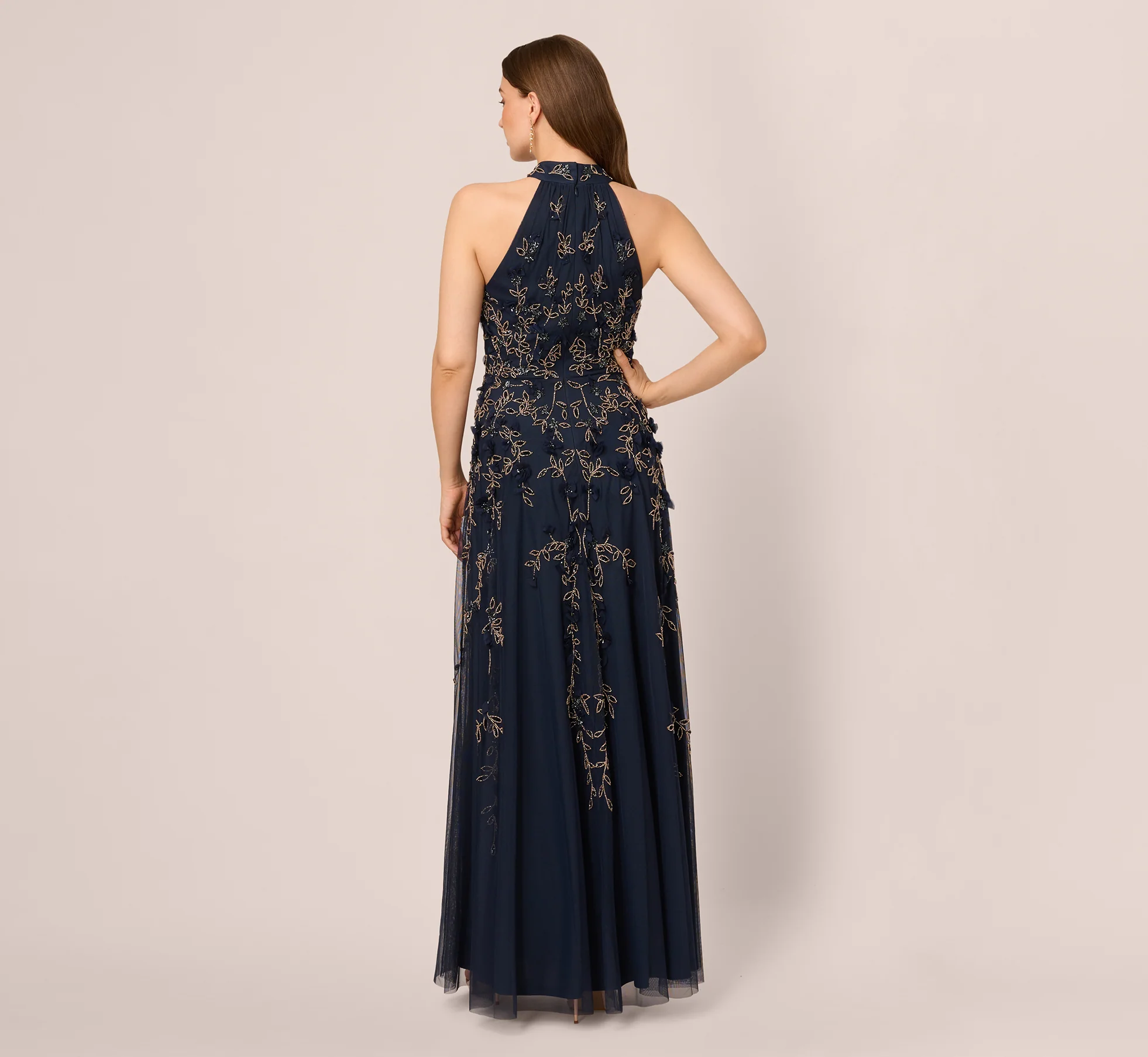 Beaded 3D Petal Halter Gown In Navy Rosegold - Image 6
