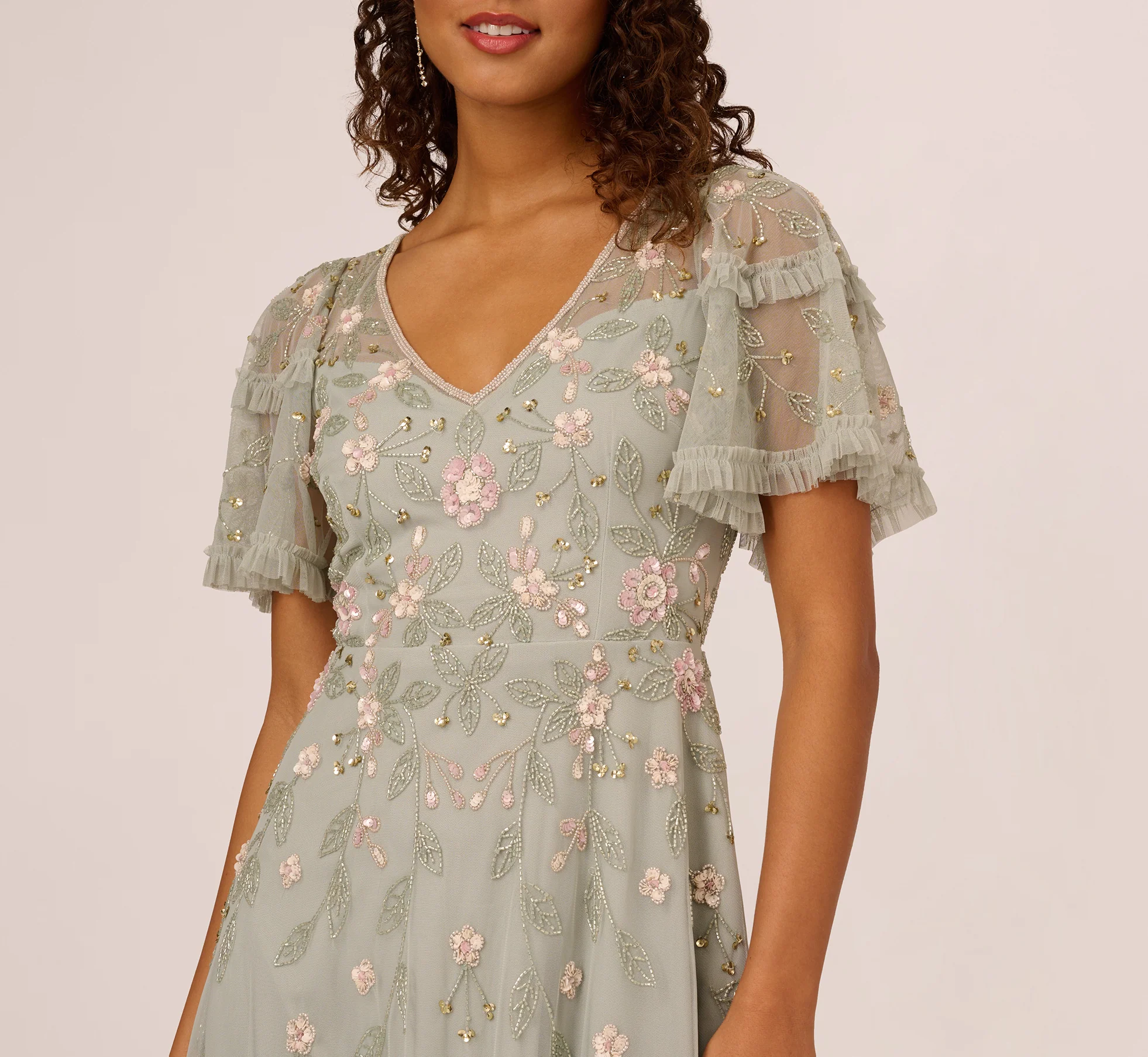 Beaded Midi Dress With Sheer Ruffled Sleeves In Frosted Sage - Image 3