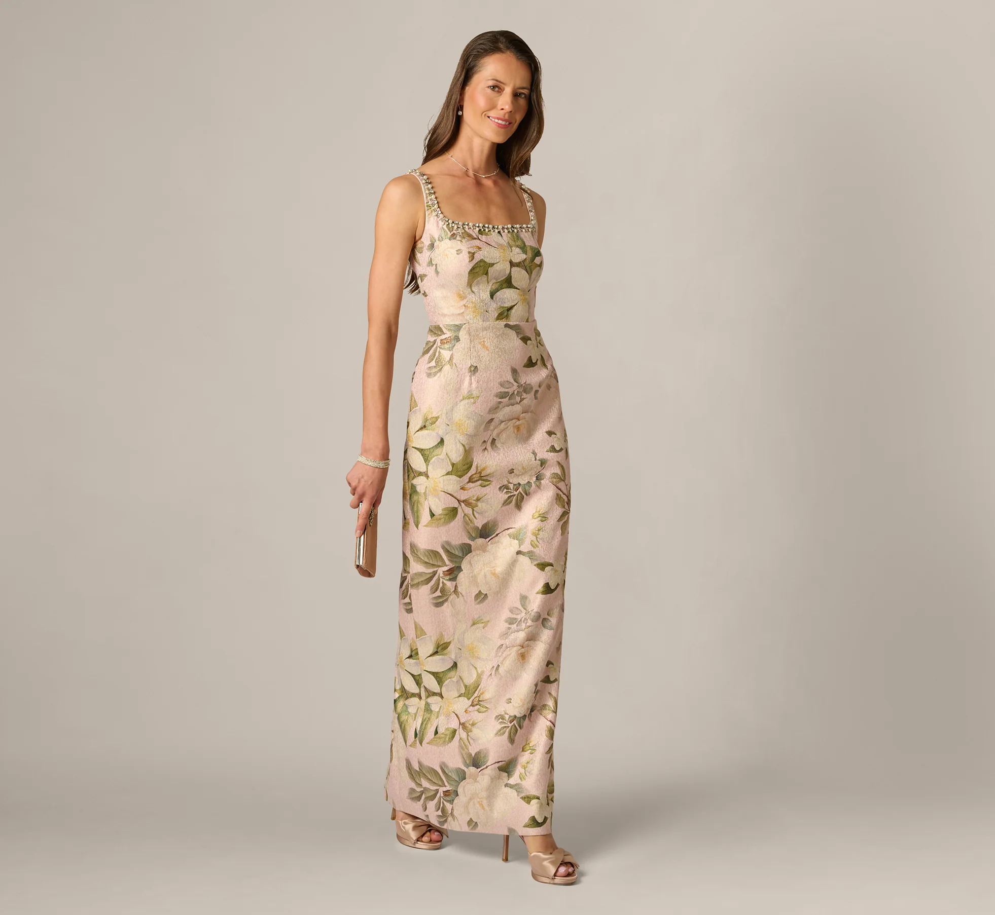 Beaded Square Neck Floral Jacquard Gown In Blush Multi - Image 2