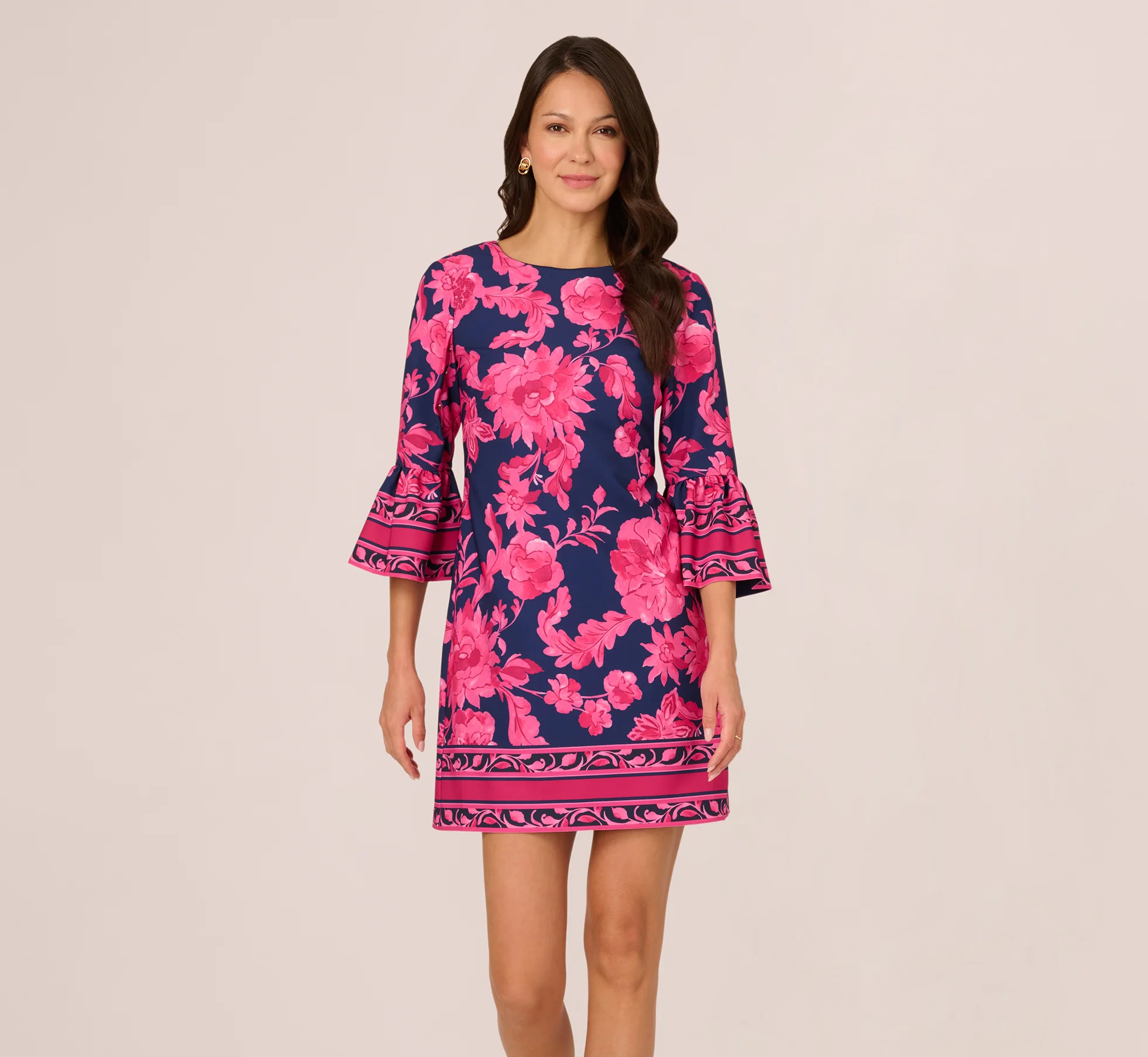 Bell Sleeve Floral Twill Short Dress In Navy Multi - Image 2