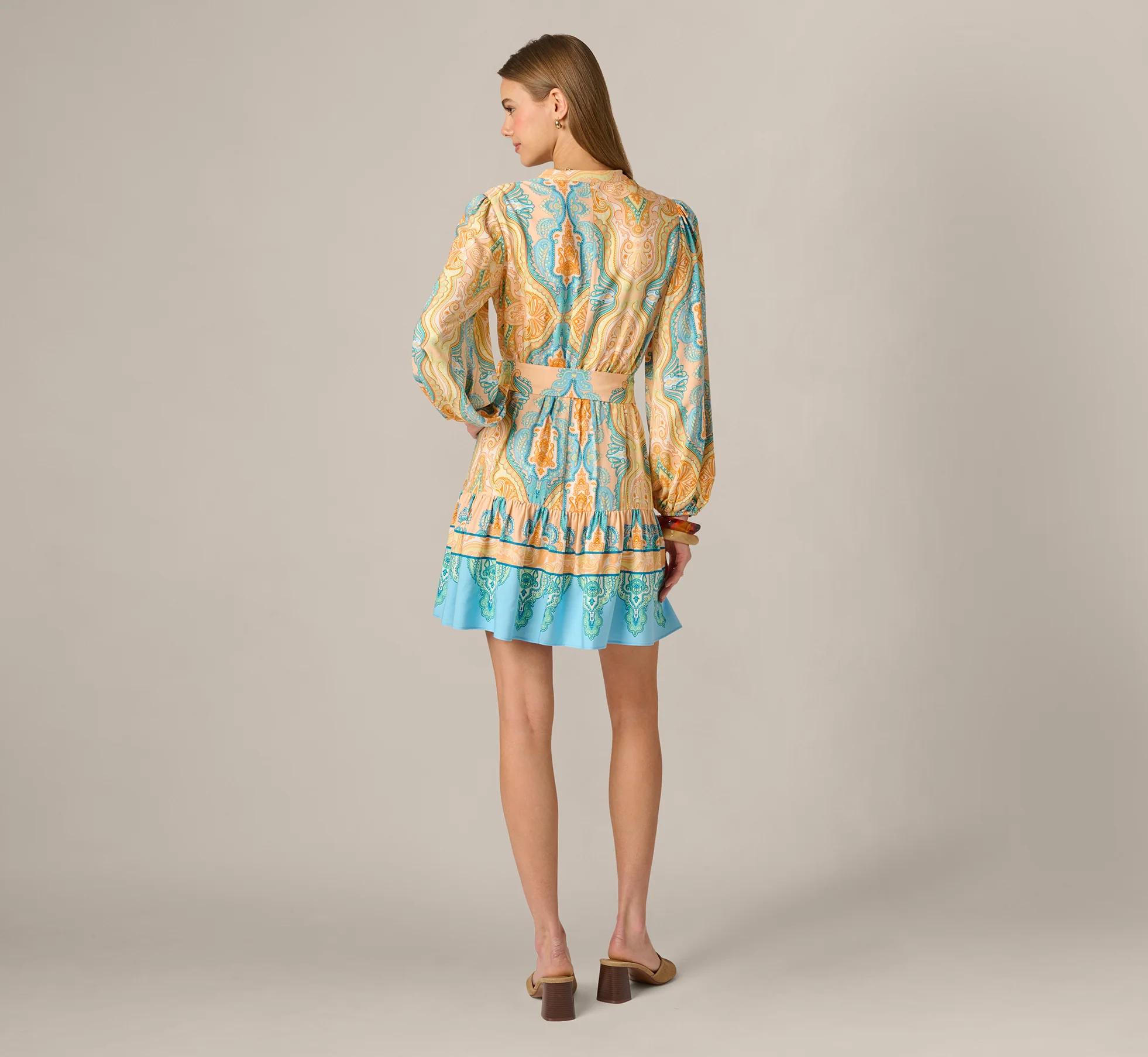 Bishop Sleeve Paisley Print Belted Short Dress In Peach Multi - Image 5