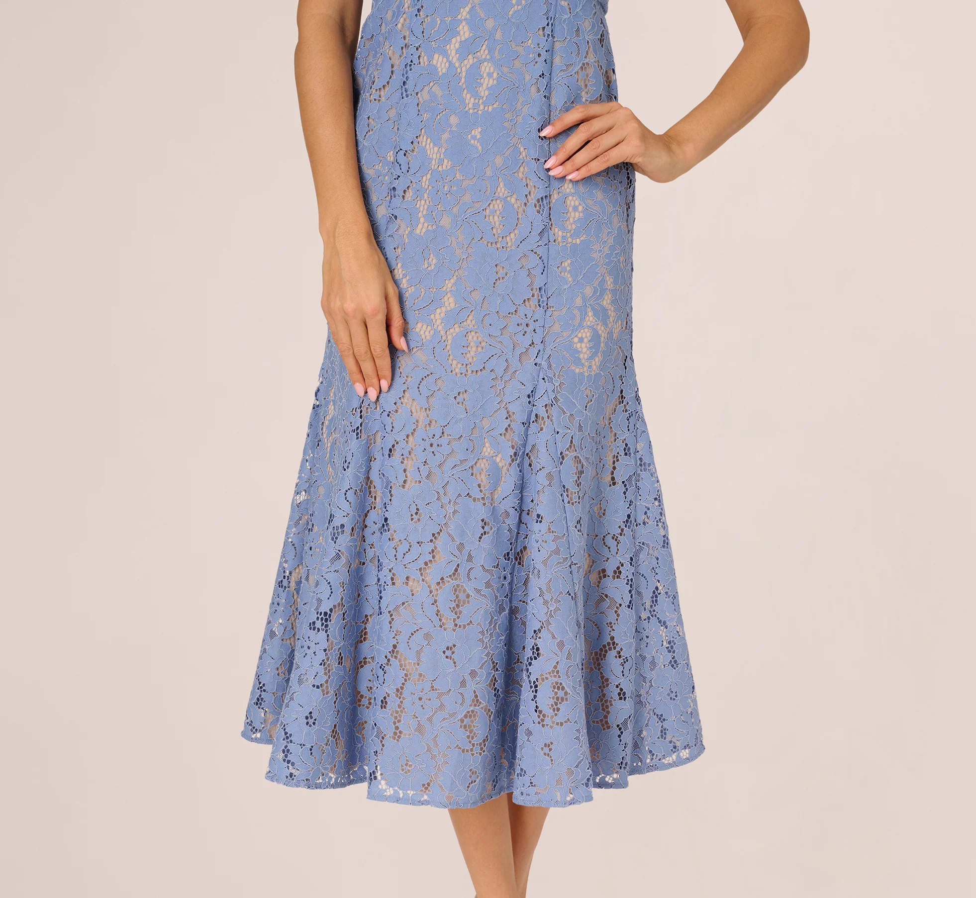 Cap Sleeve Lace Midi Dress In French Blue Nude - Image 4