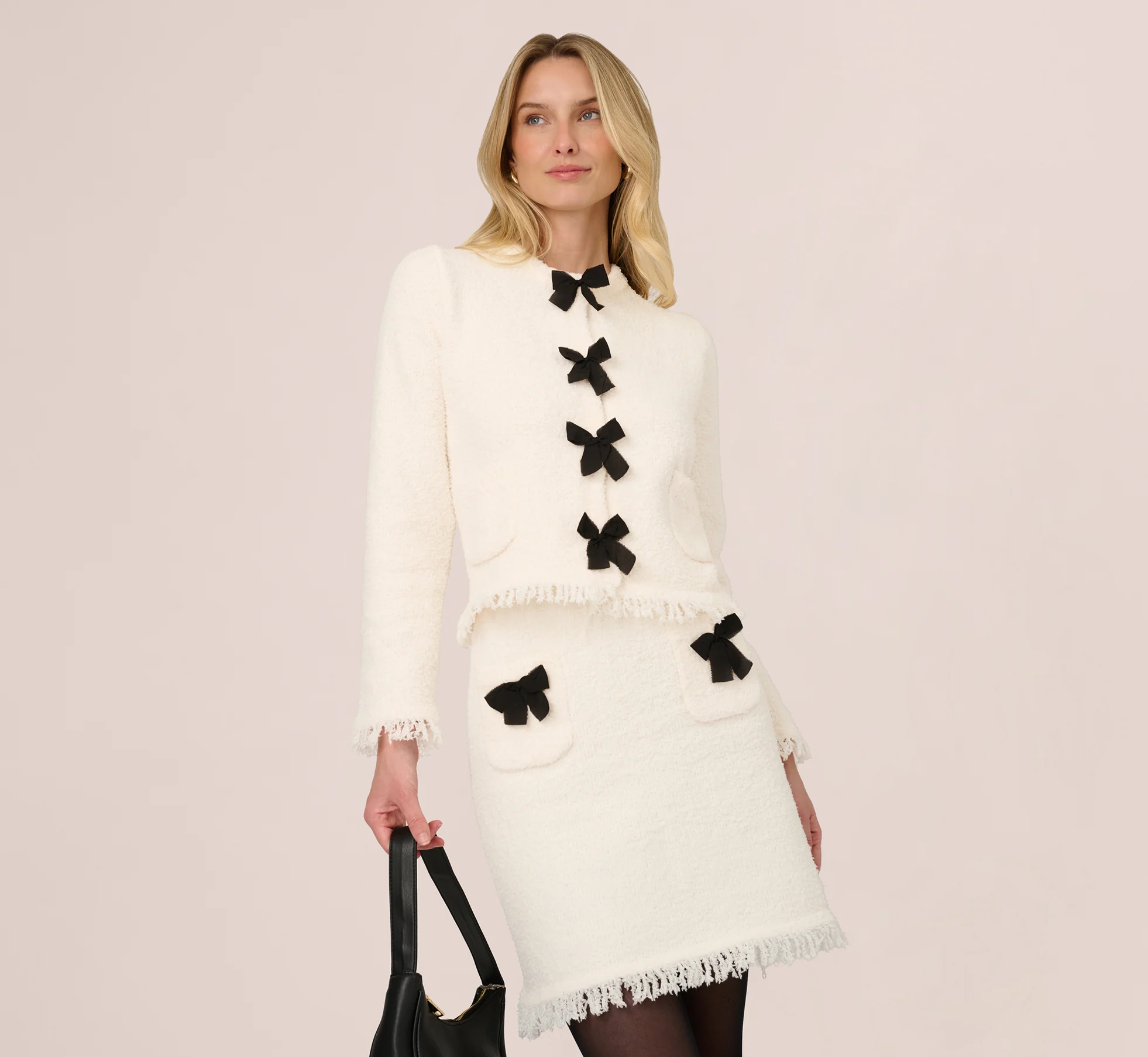 Chenille Boucle Bow Cardigan In Ivory Black - Image 2