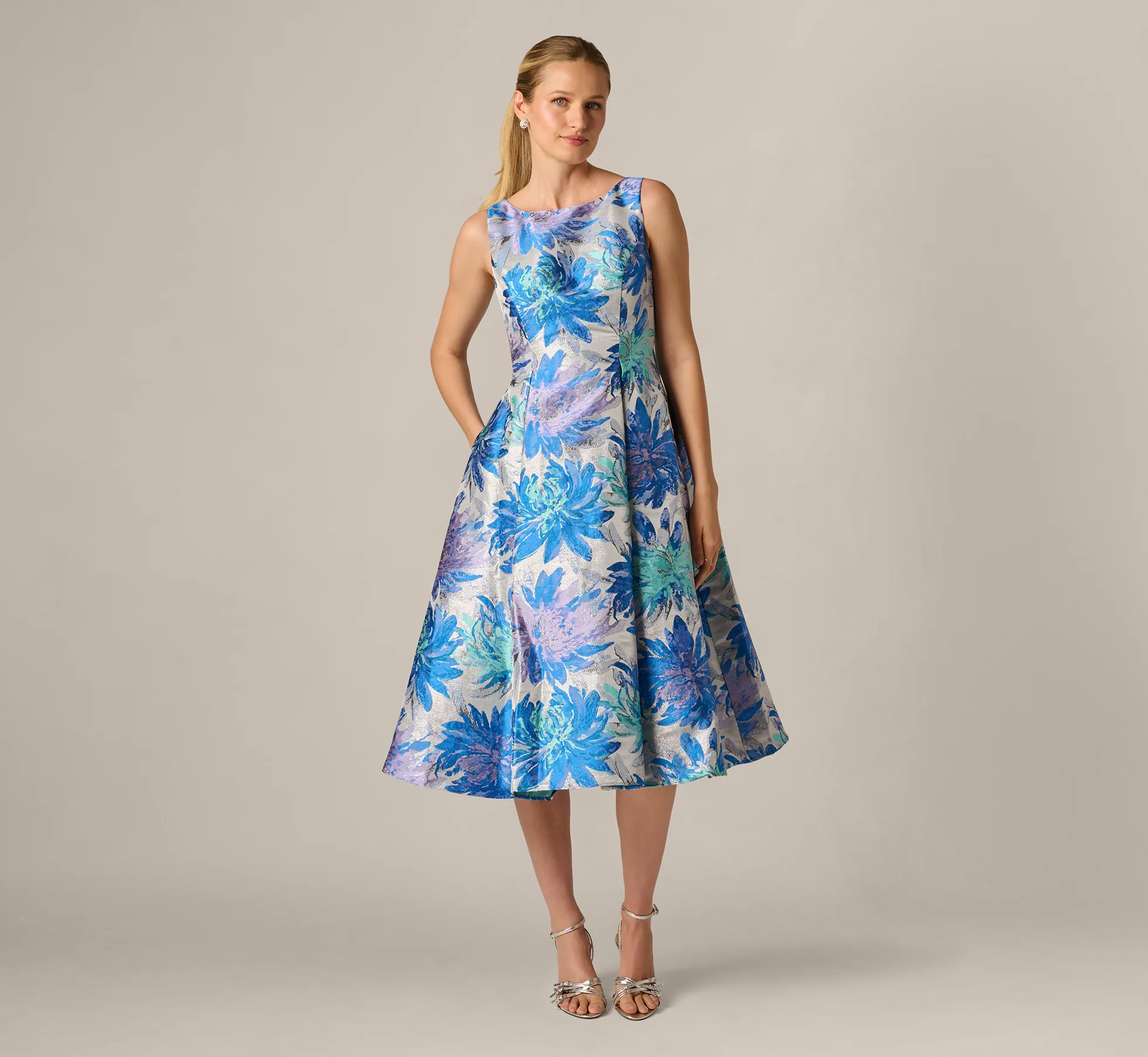 Chrysanthemum Floral Jacquard Fit And Flare Tea Length Dress In Blue Multi - Image 3