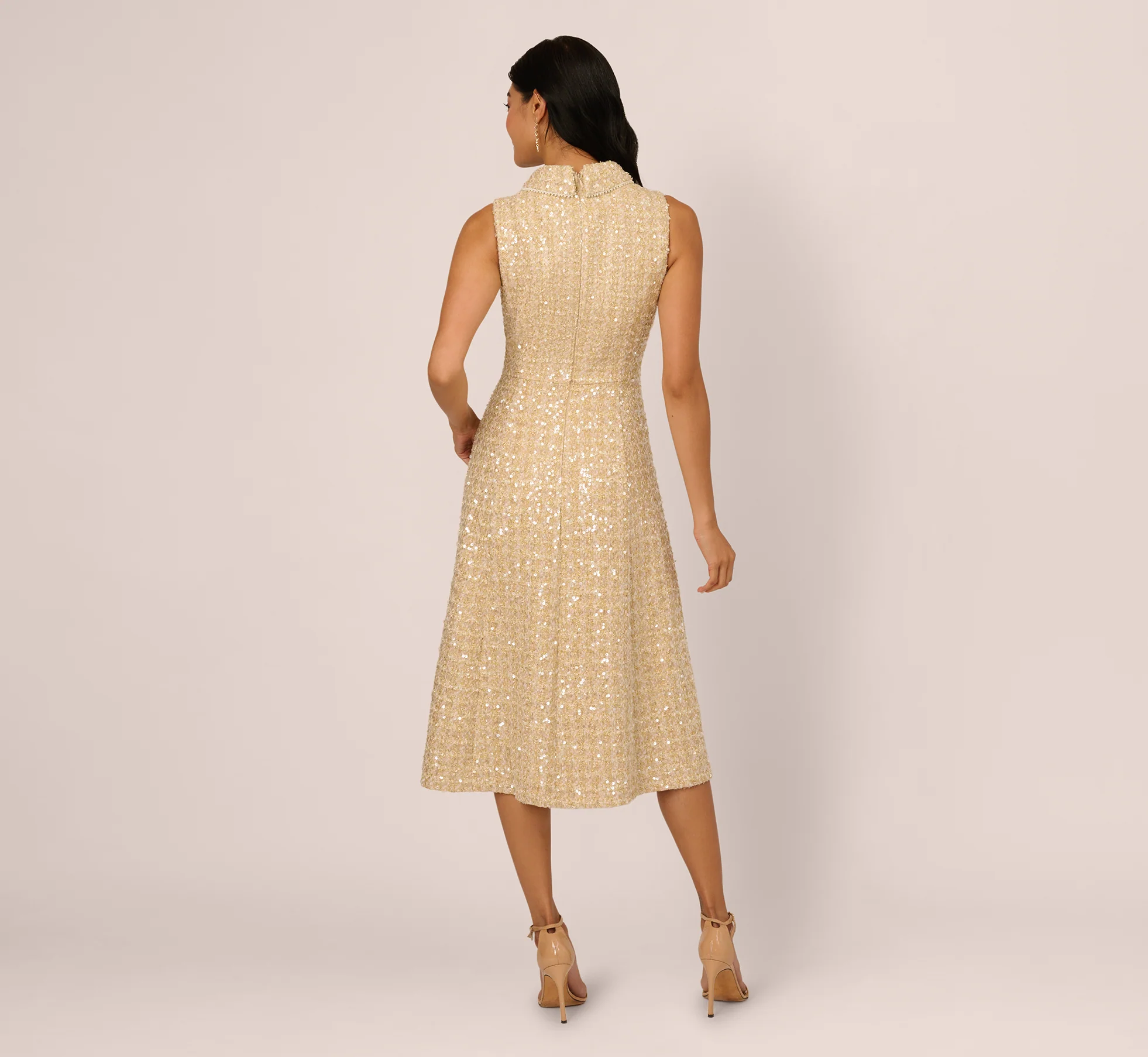 Collared Sequin Tweed Midi Dress In Champagne - Image 5