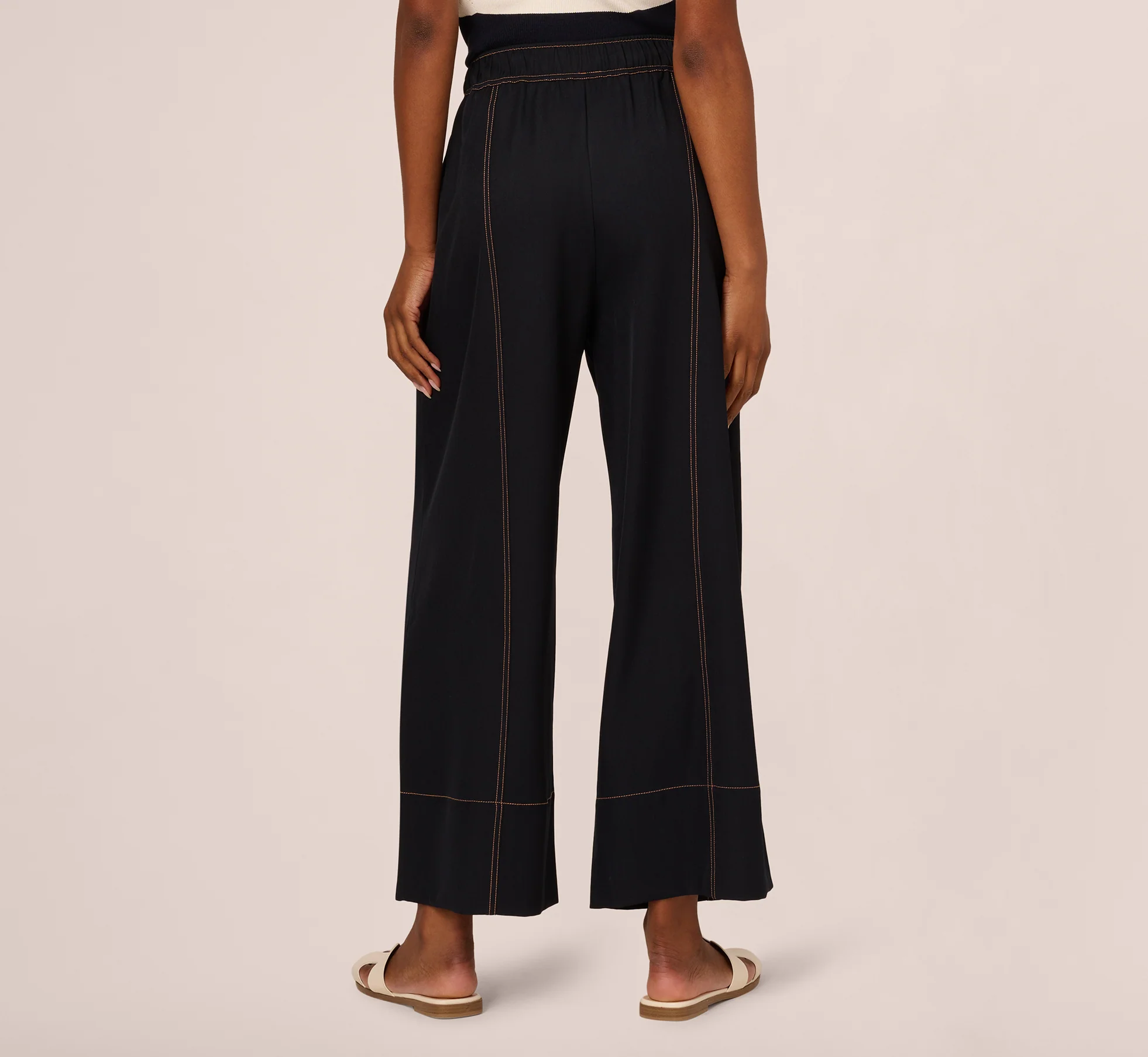 Contrast Stitched Wide Leg Drawstring Pant In Navy Khaki - Image 5