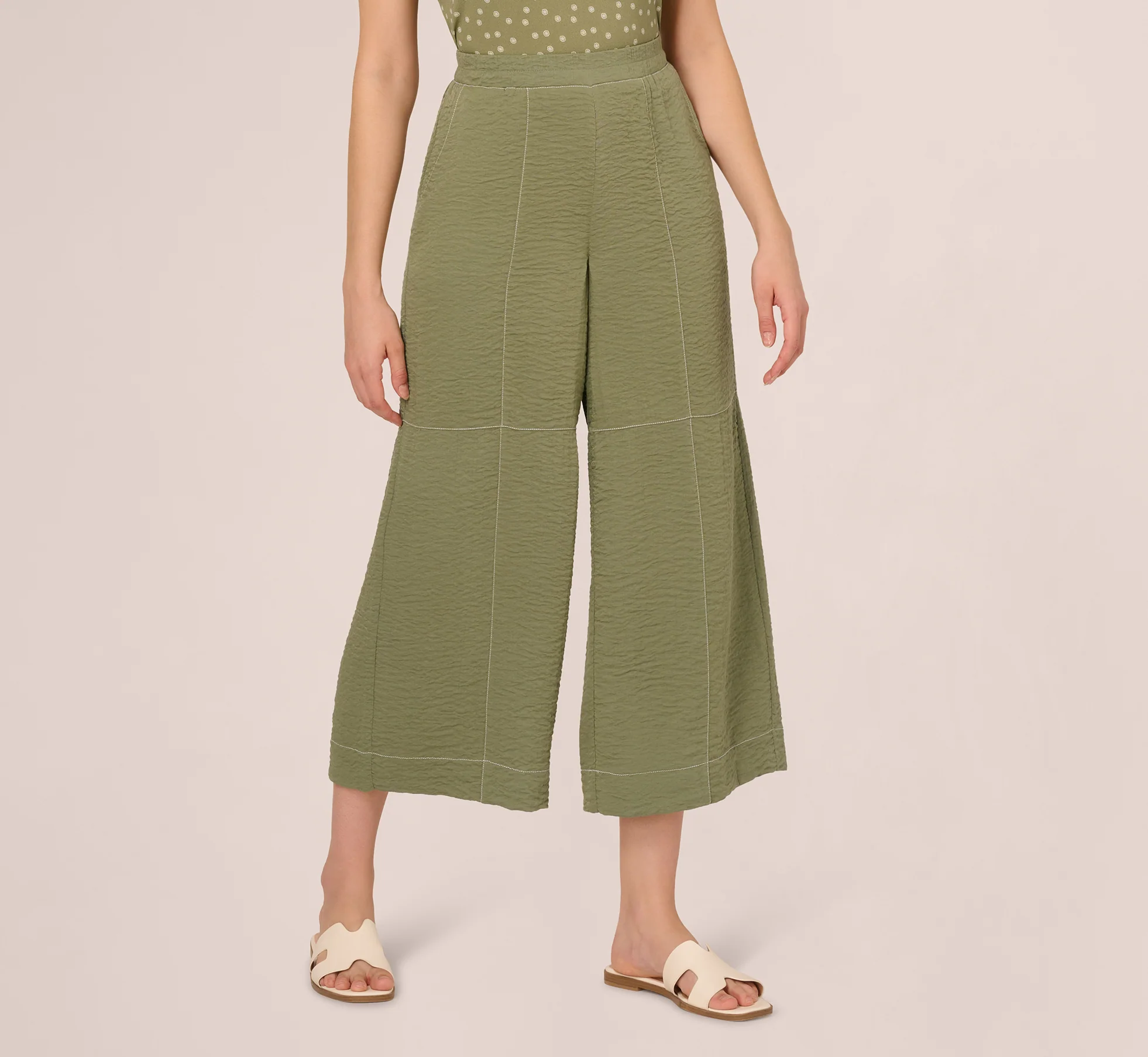 Contrast Stitching Crinkle Midi Pant In Oil Green Ivory - Image 2