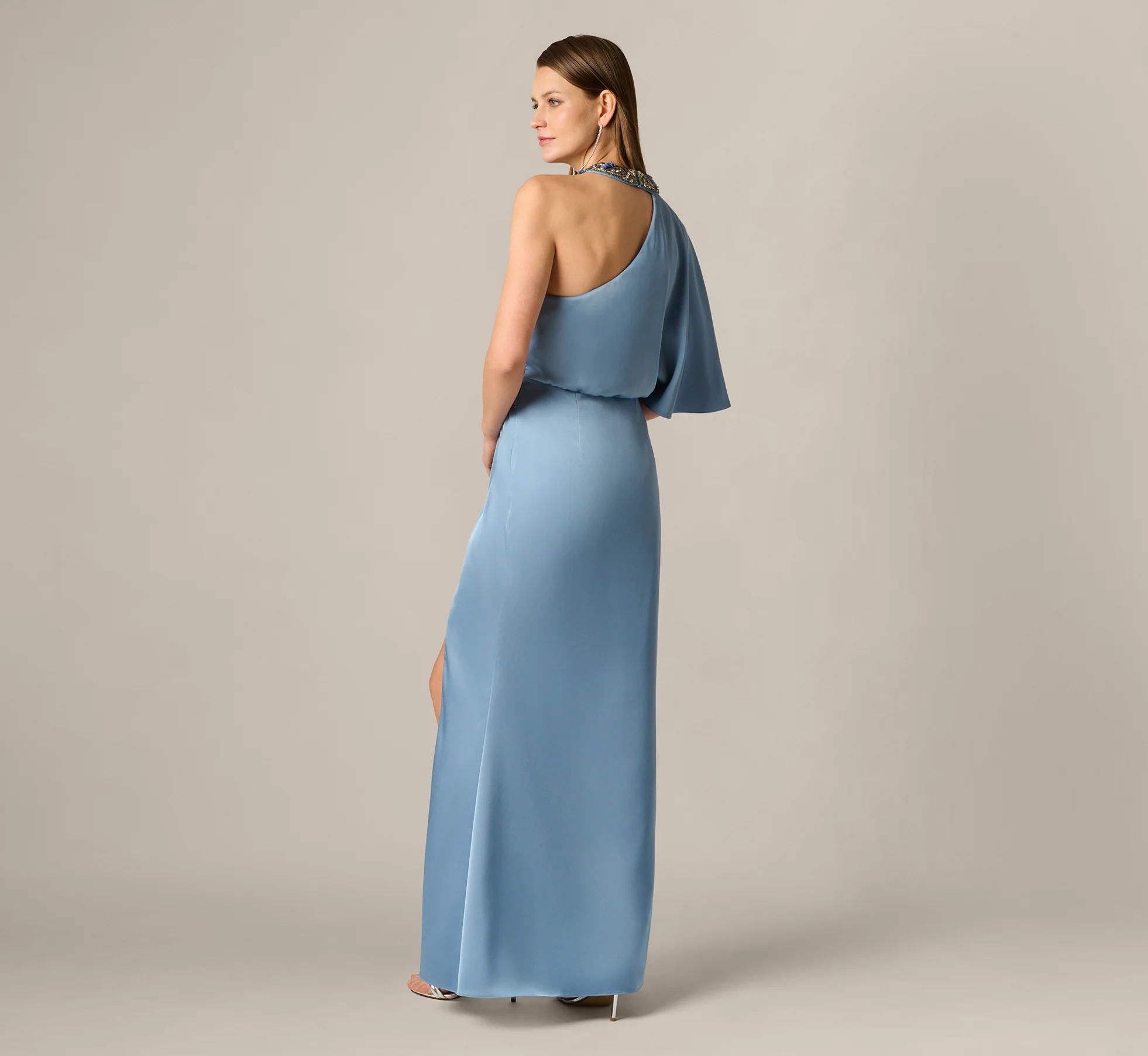 Crepe Back Satin One Shoulder Long Dress In Blue Cloud - Image 6