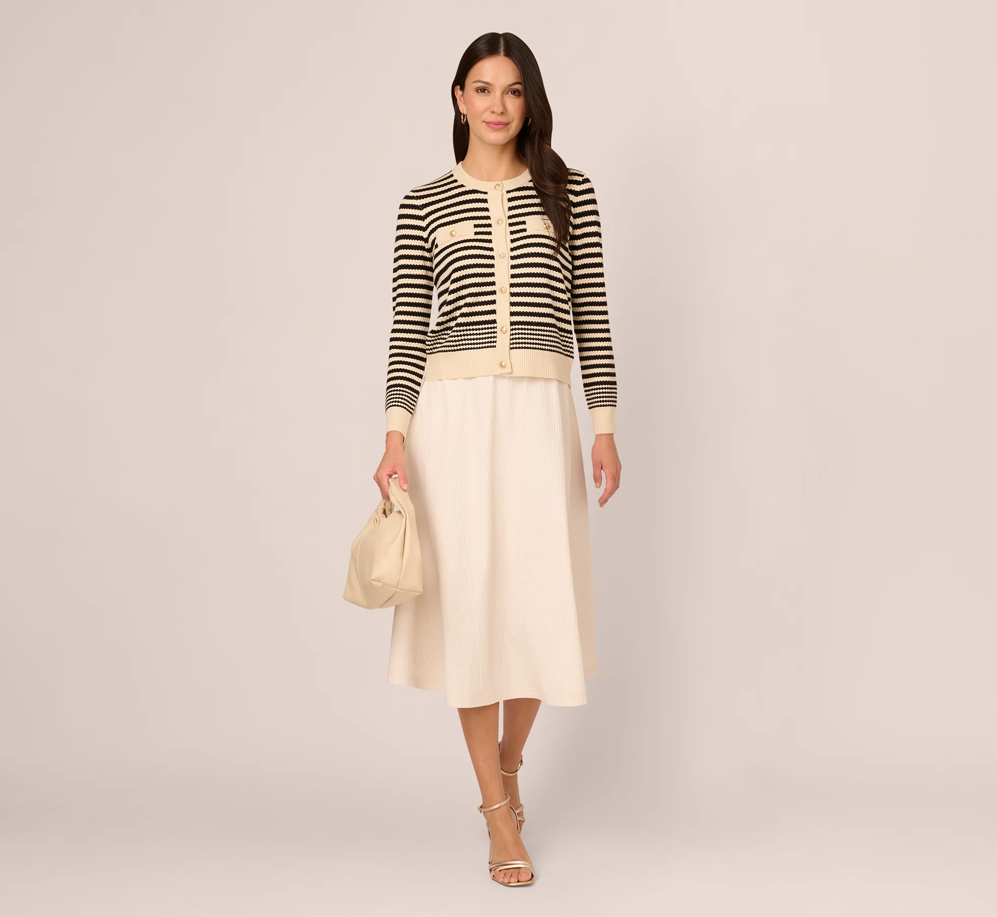 Crew Neck Button Front Striped Pointelle Cardigan Sweater In Cream Black - Image 2