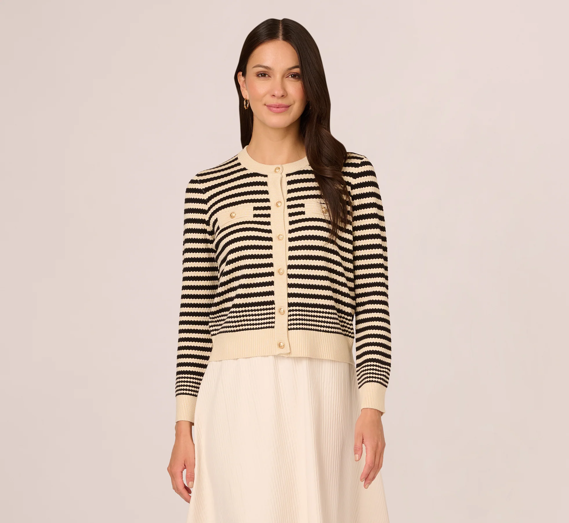 Crew Neck Button Front Striped Pointelle Cardigan Sweater In Cream Black - Image 3