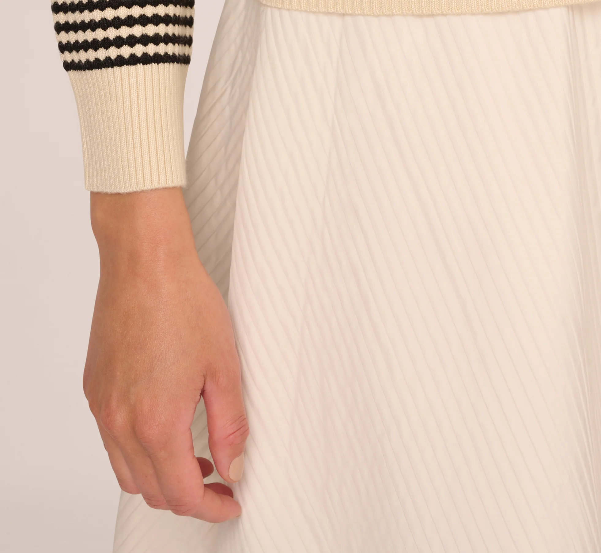 Crew Neck Button Front Striped Pointelle Cardigan Sweater In Cream Black - Image 5