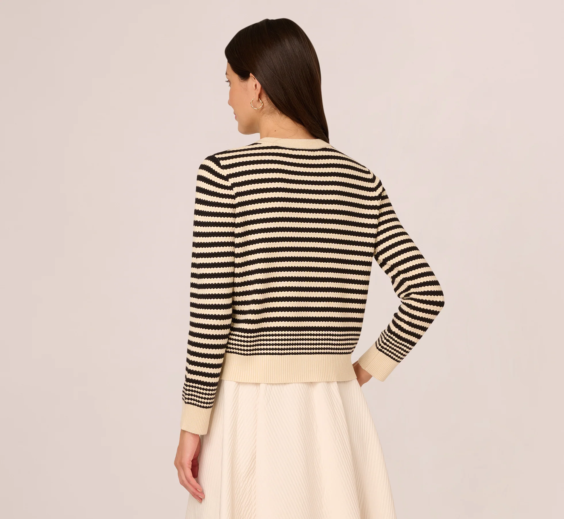 Crew Neck Button Front Striped Pointelle Cardigan Sweater In Cream Black - Image 6