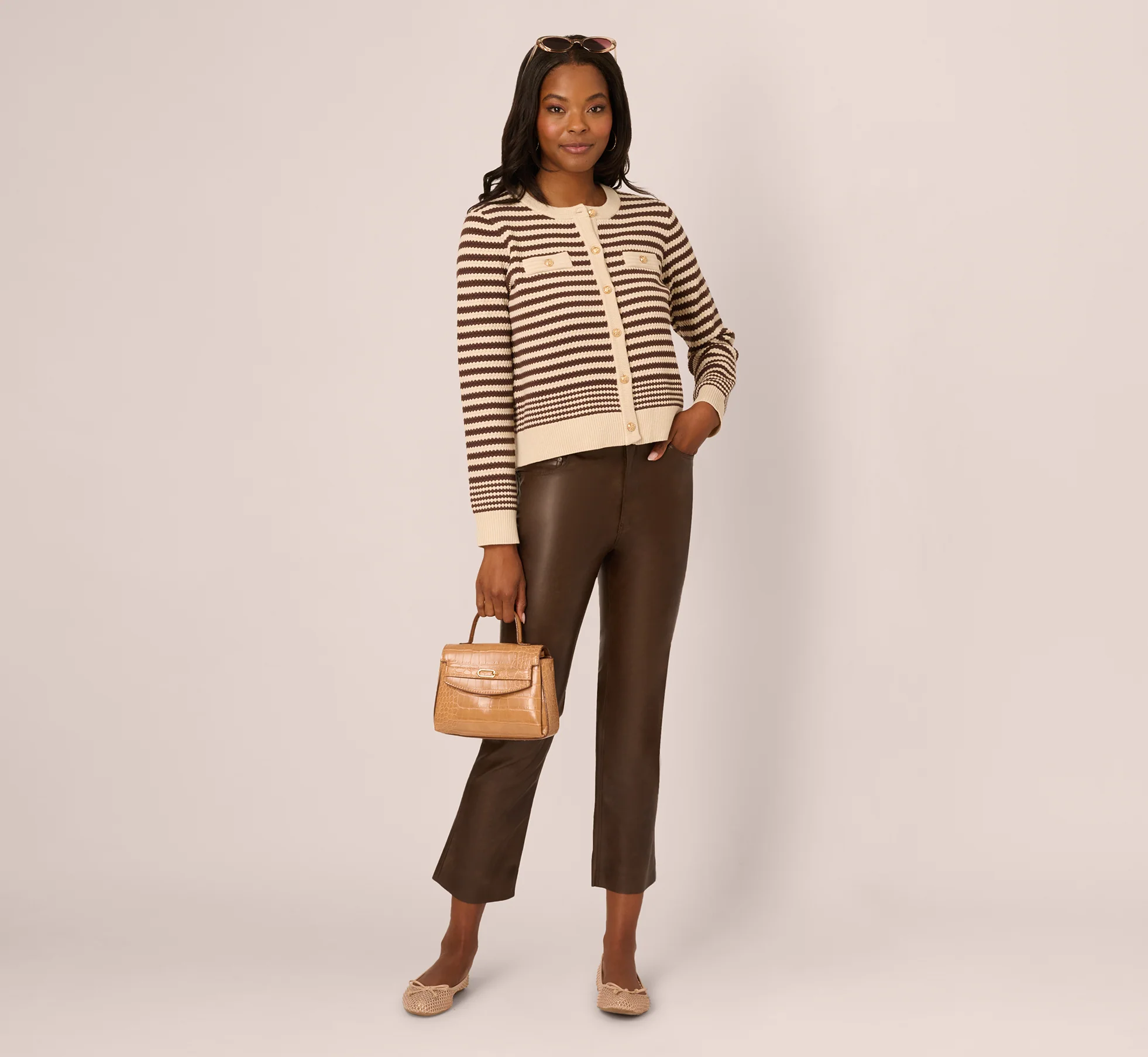 Crew Neck Button Front Striped Pointelle Cardigan Sweater In Cream Dark Brown - Image 3