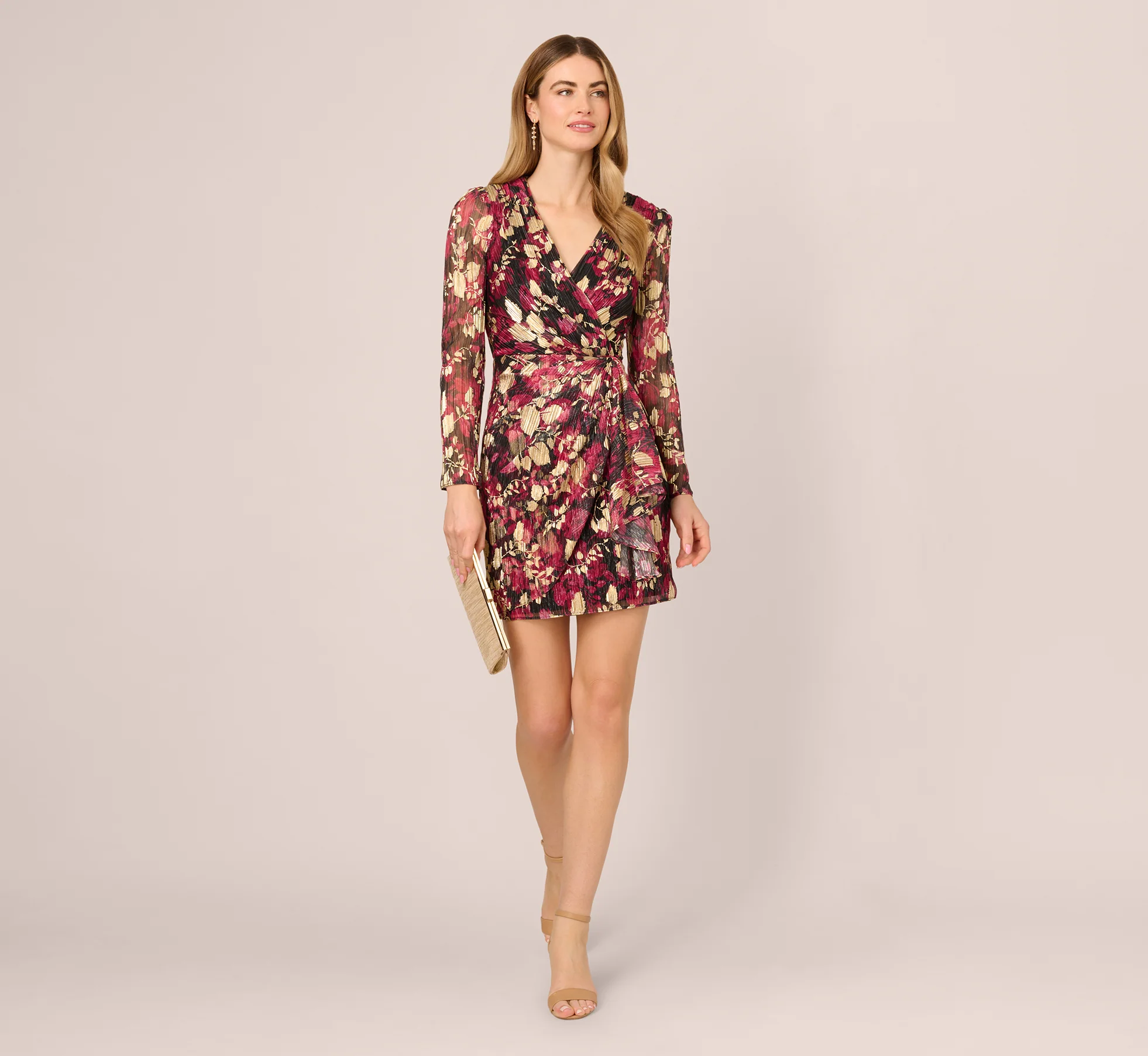 Crinkle Foil Wrap Dress In Fuchsia Gold - Image 2
