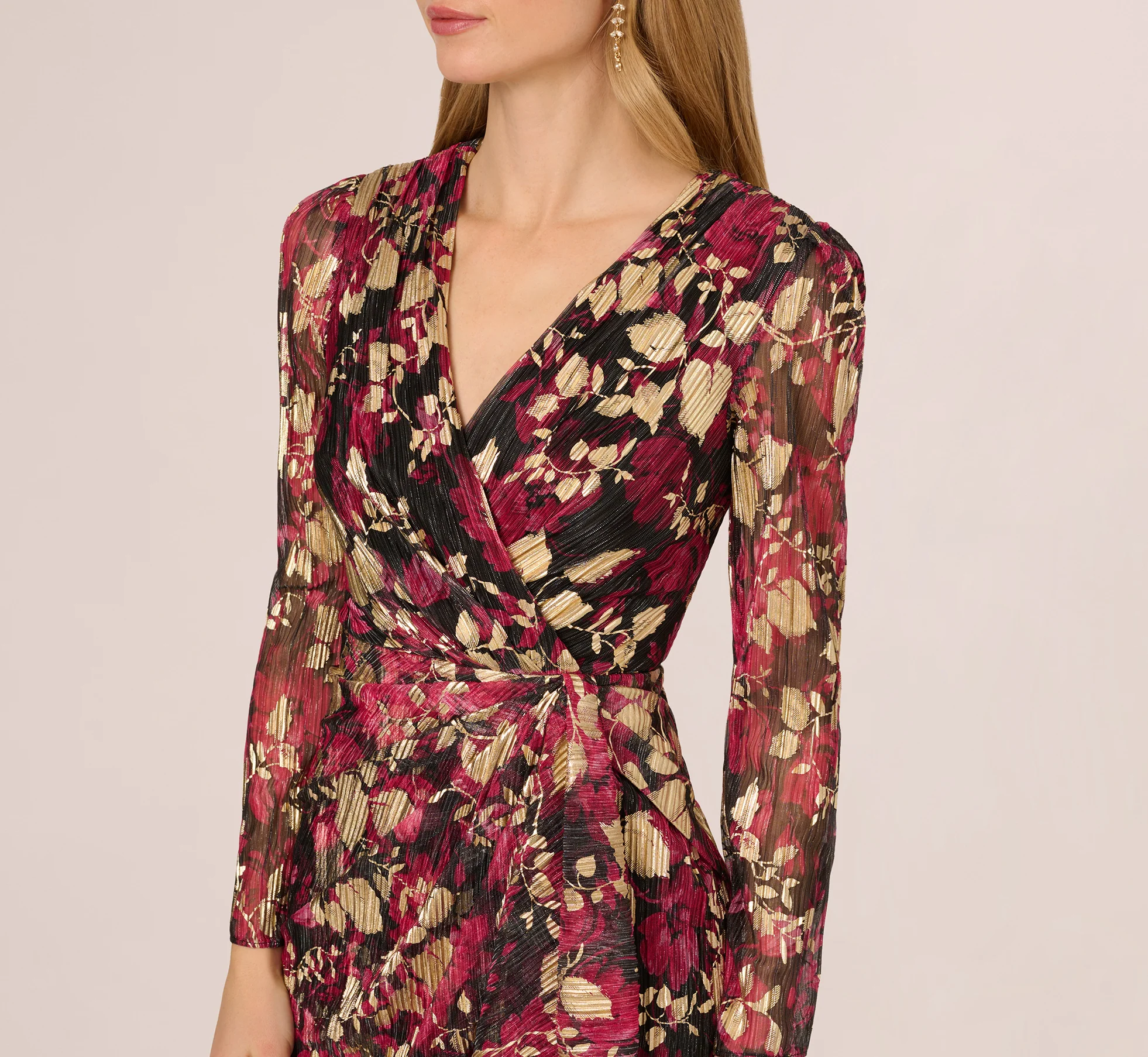 Crinkle Foil Wrap Dress In Fuchsia Gold - Image 4