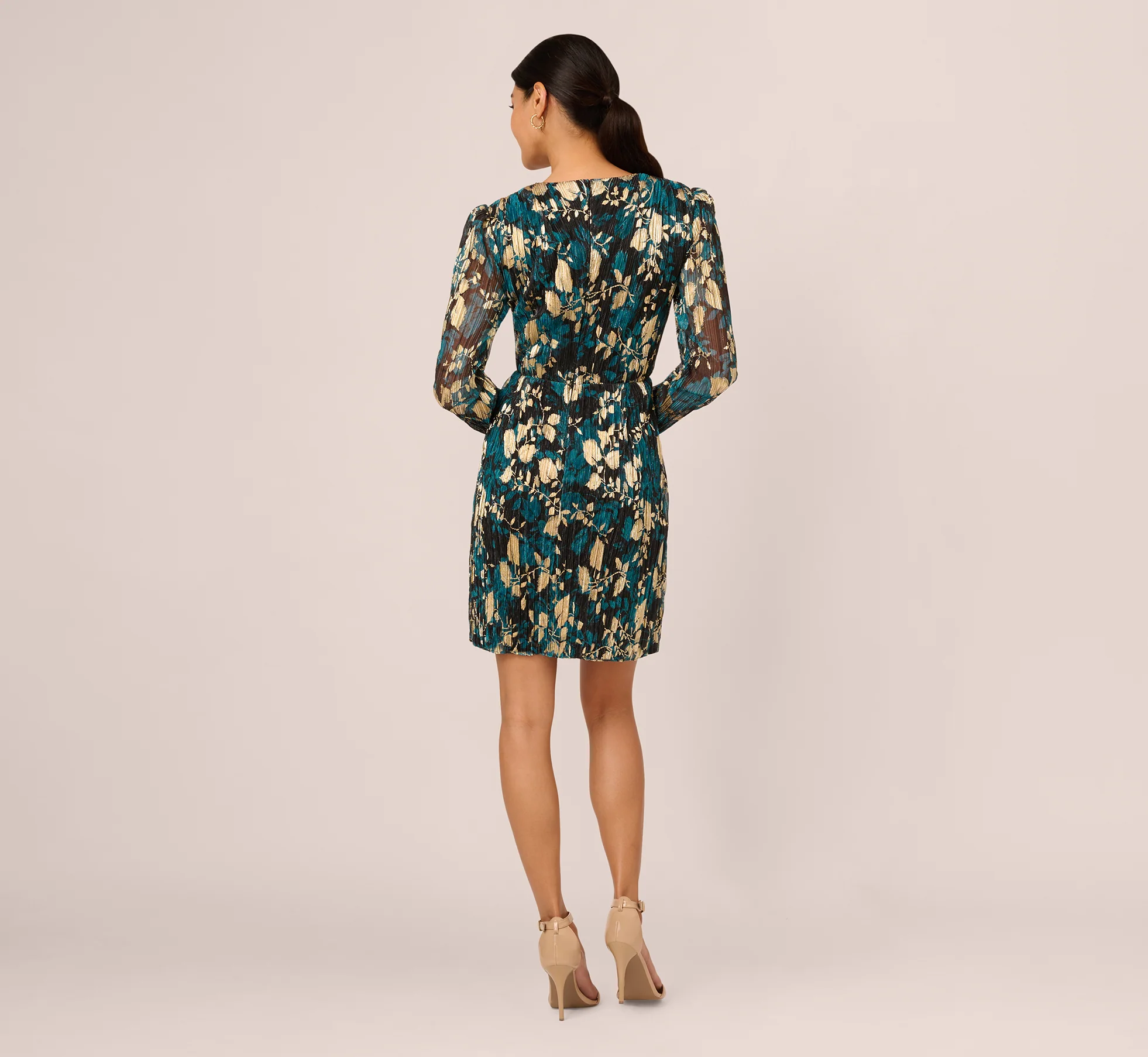 Crinkle Foil Wrap Dress In Teal Sapphire Gold - Image 5