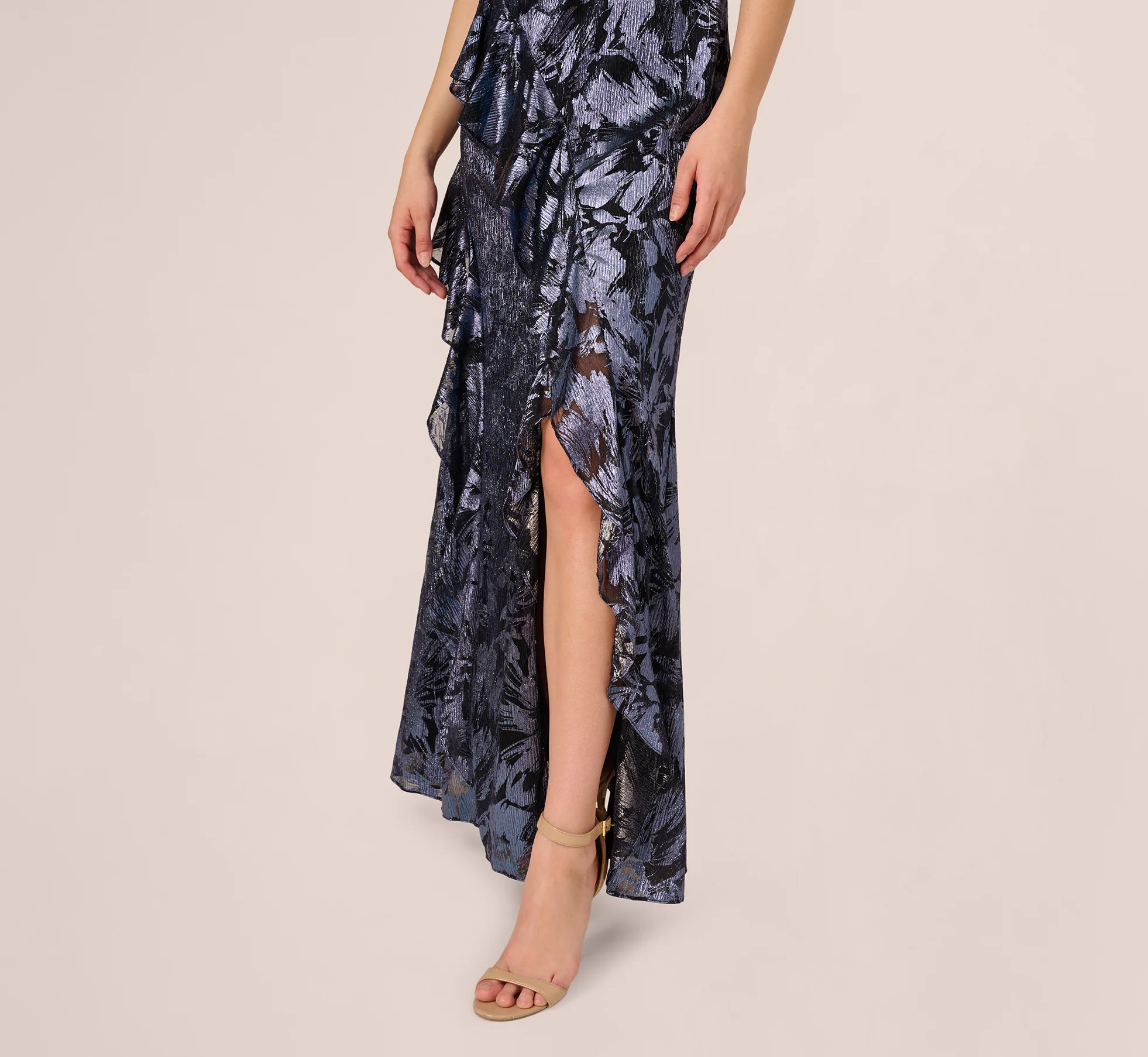 Crinkle Metallic Keyhole Halter Ruffle Gown In Navy - Image 4