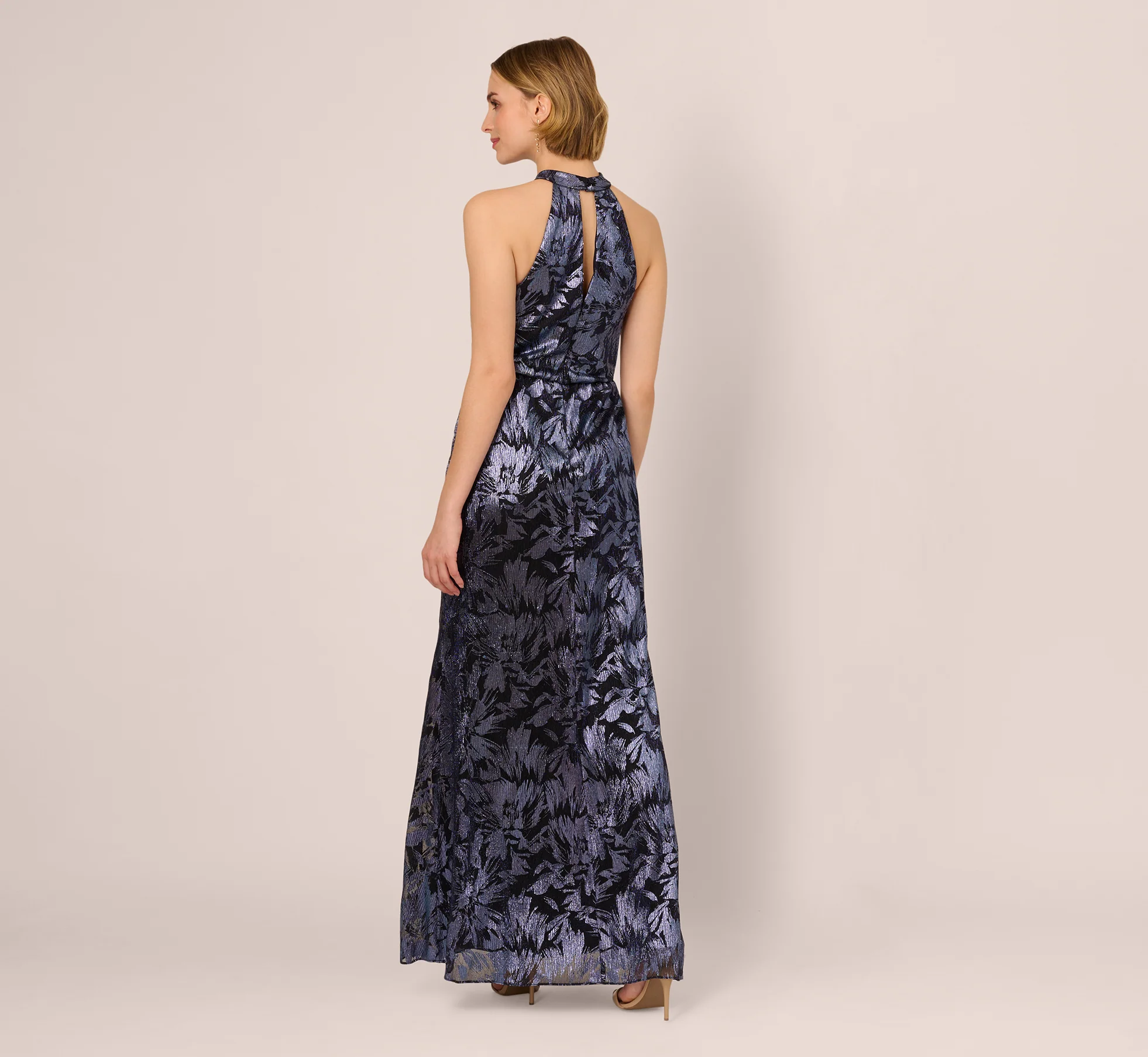 Crinkle Metallic Keyhole Halter Ruffle Gown In Navy - Image 5