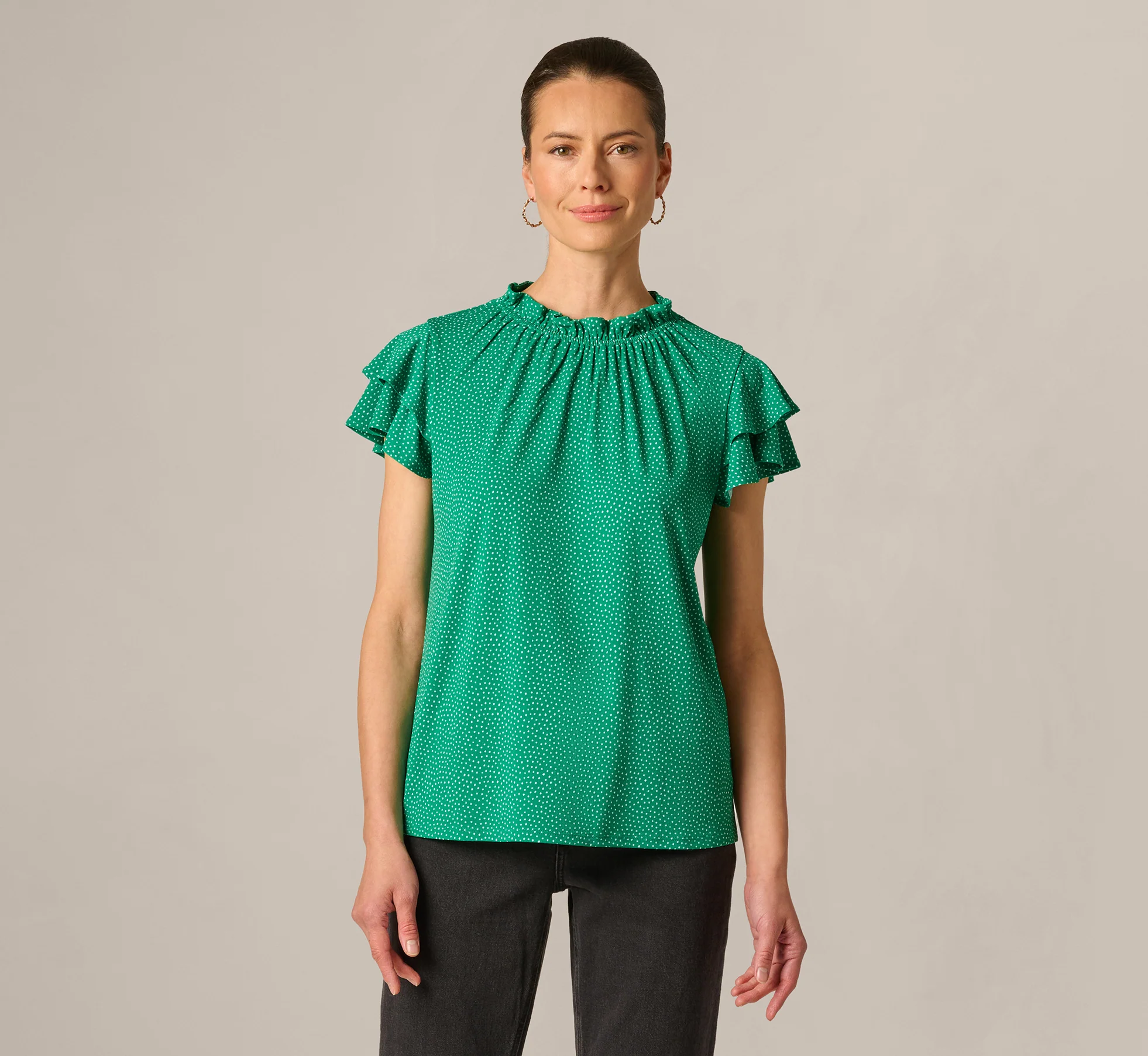 Double Flutter Sleeve Ruffle Neck Top In Vivid Green Broken Dot - Image 3