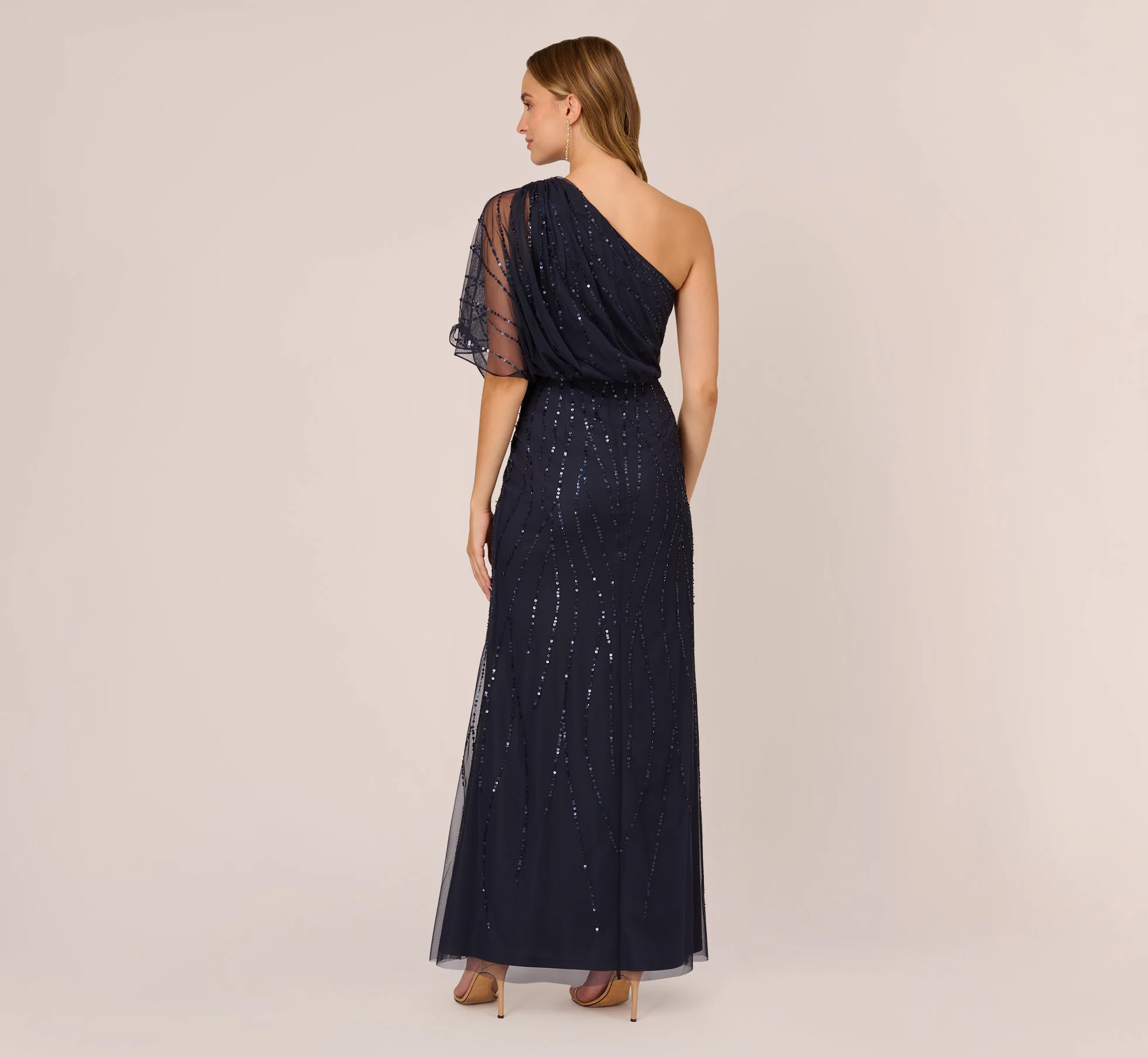 Draped One Shoulder Dress With Sequin Detail In Dusty Navy - Image 5