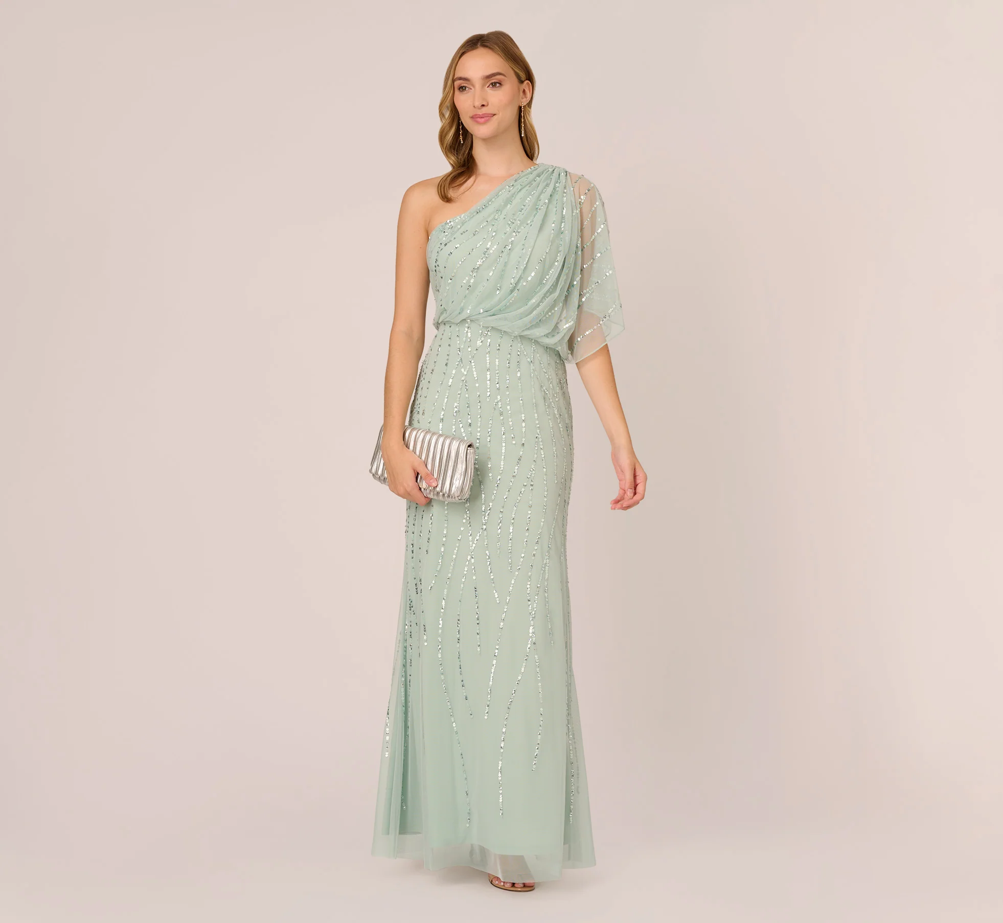 Draped One Shoulder Dress With Sequin Detail In Icy Sage