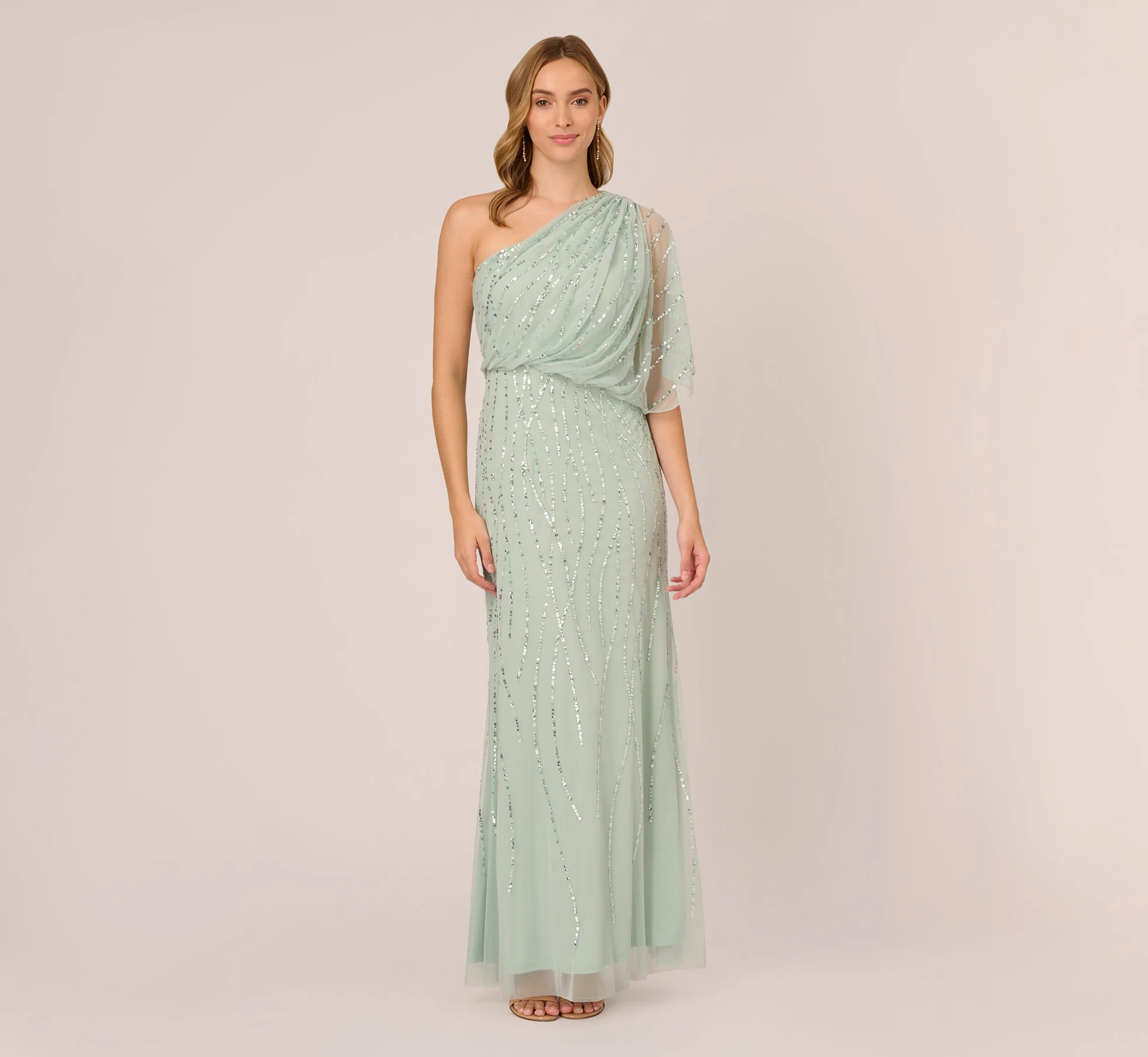 Draped One Shoulder Dress With Sequin Detail In Icy Sage - Image 2