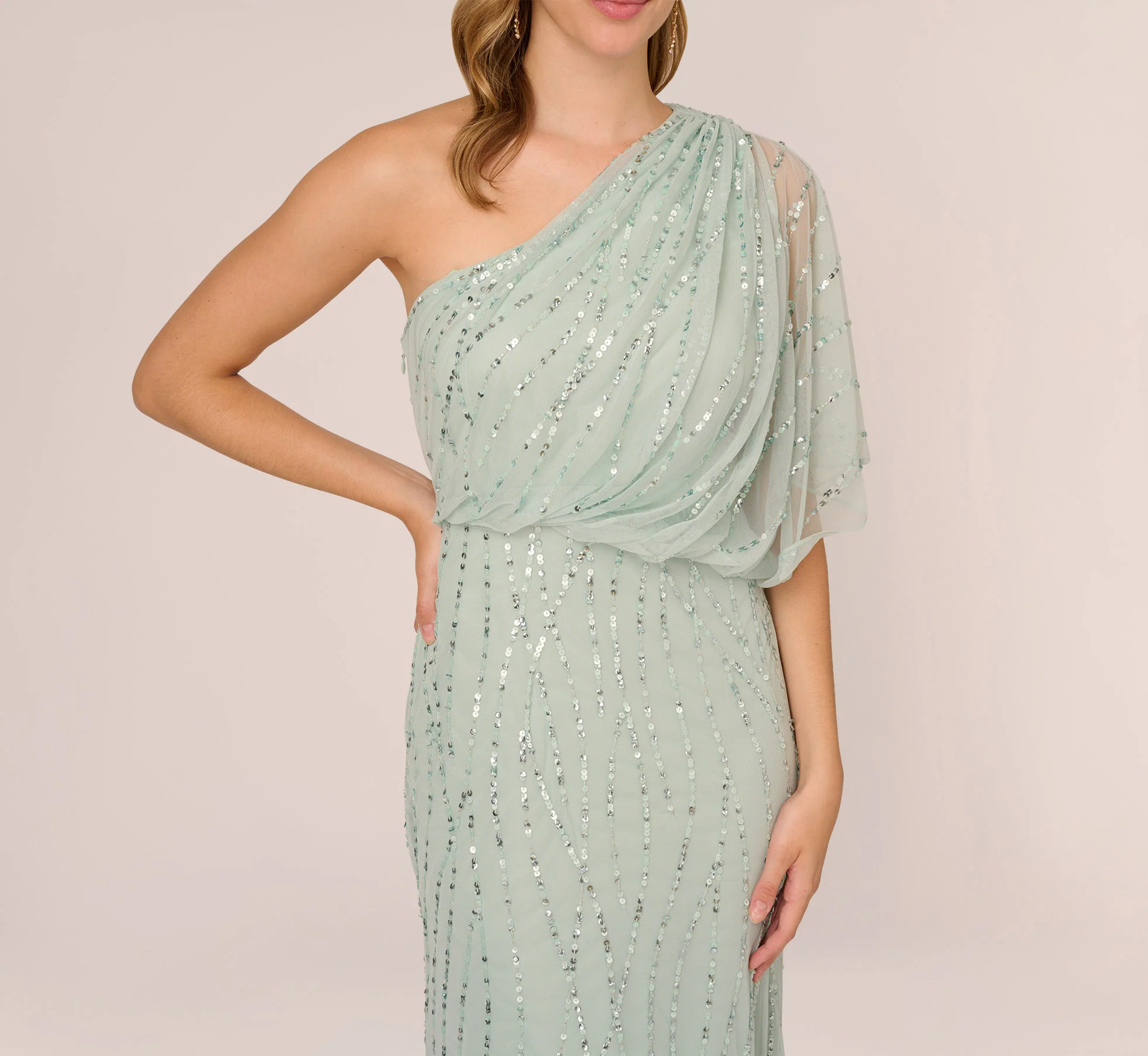 Draped One Shoulder Dress With Sequin Detail In Icy Sage - Image 3