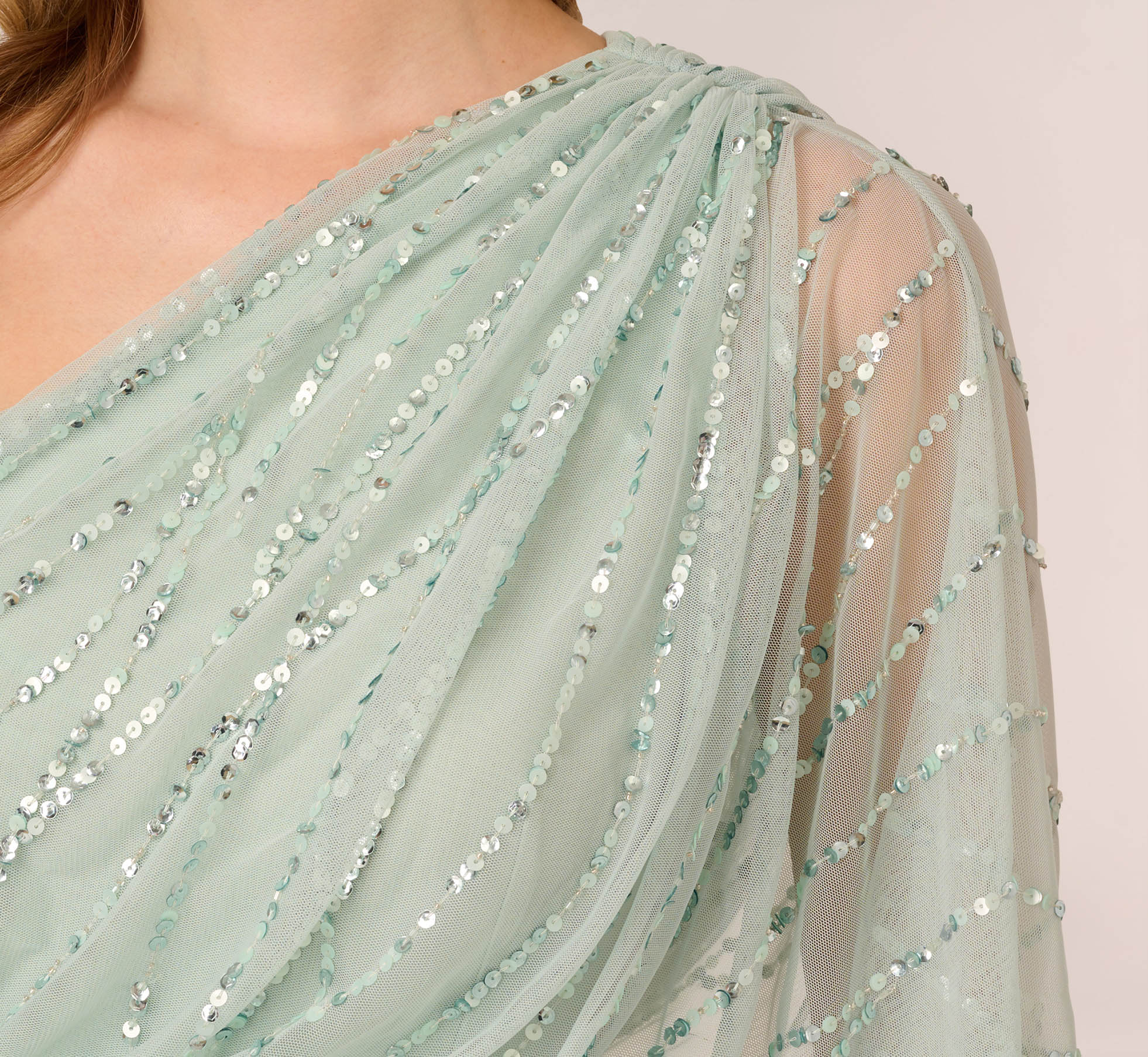Draped One Shoulder Dress With Sequin Detail In Icy Sage - Image 4