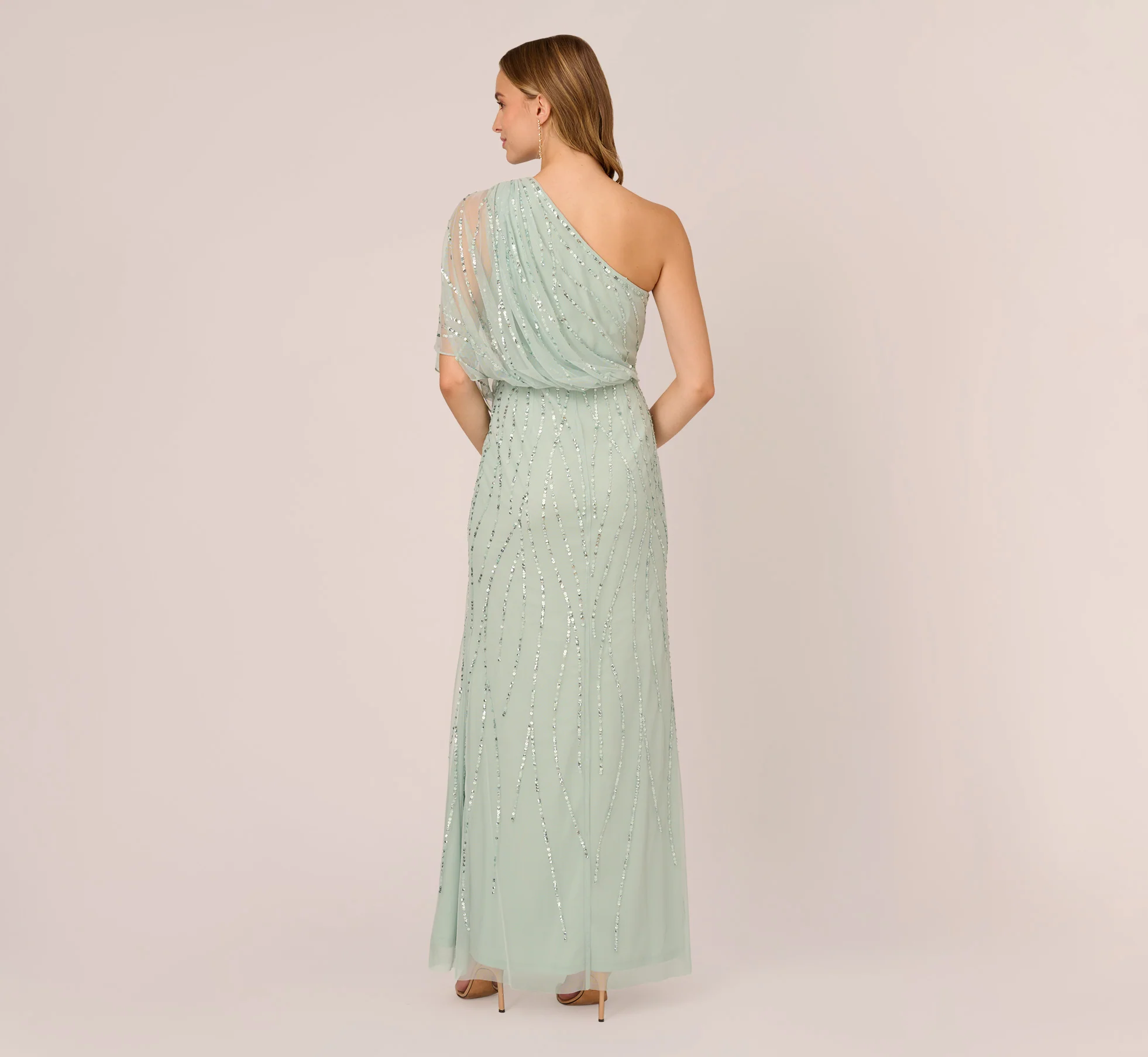Draped One Shoulder Dress With Sequin Detail In Icy Sage - Image 5