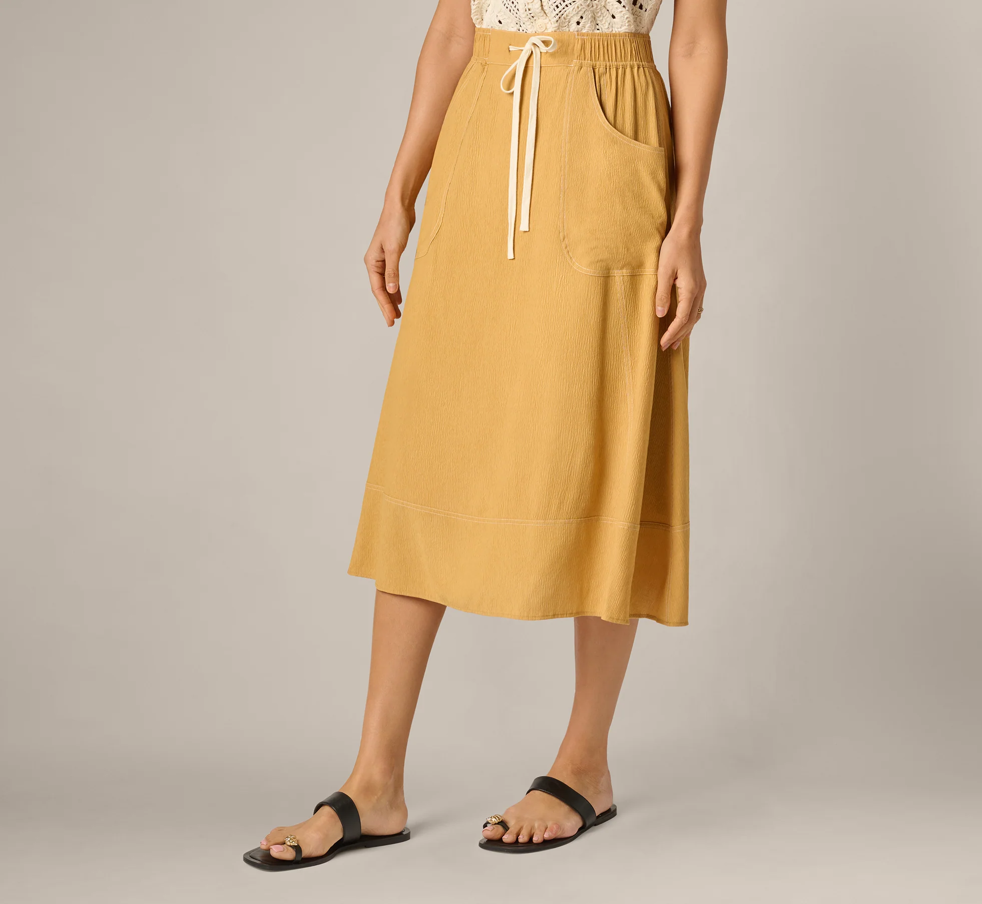 Drawstring Crinkle A Line Midi Skirt In Golden Maize Ivory - Image 2