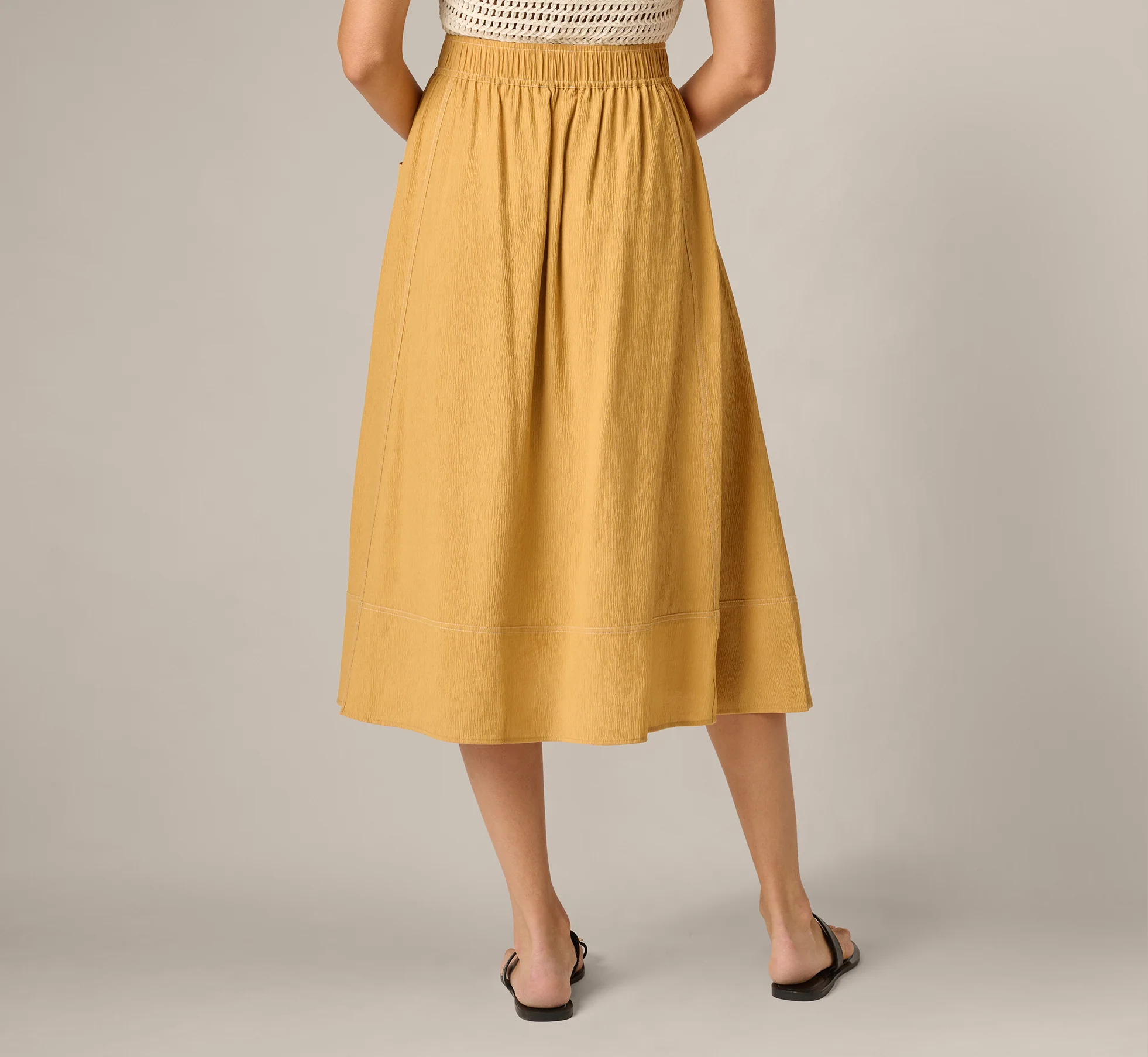 Drawstring Crinkle A Line Midi Skirt In Golden Maize Ivory - Image 5