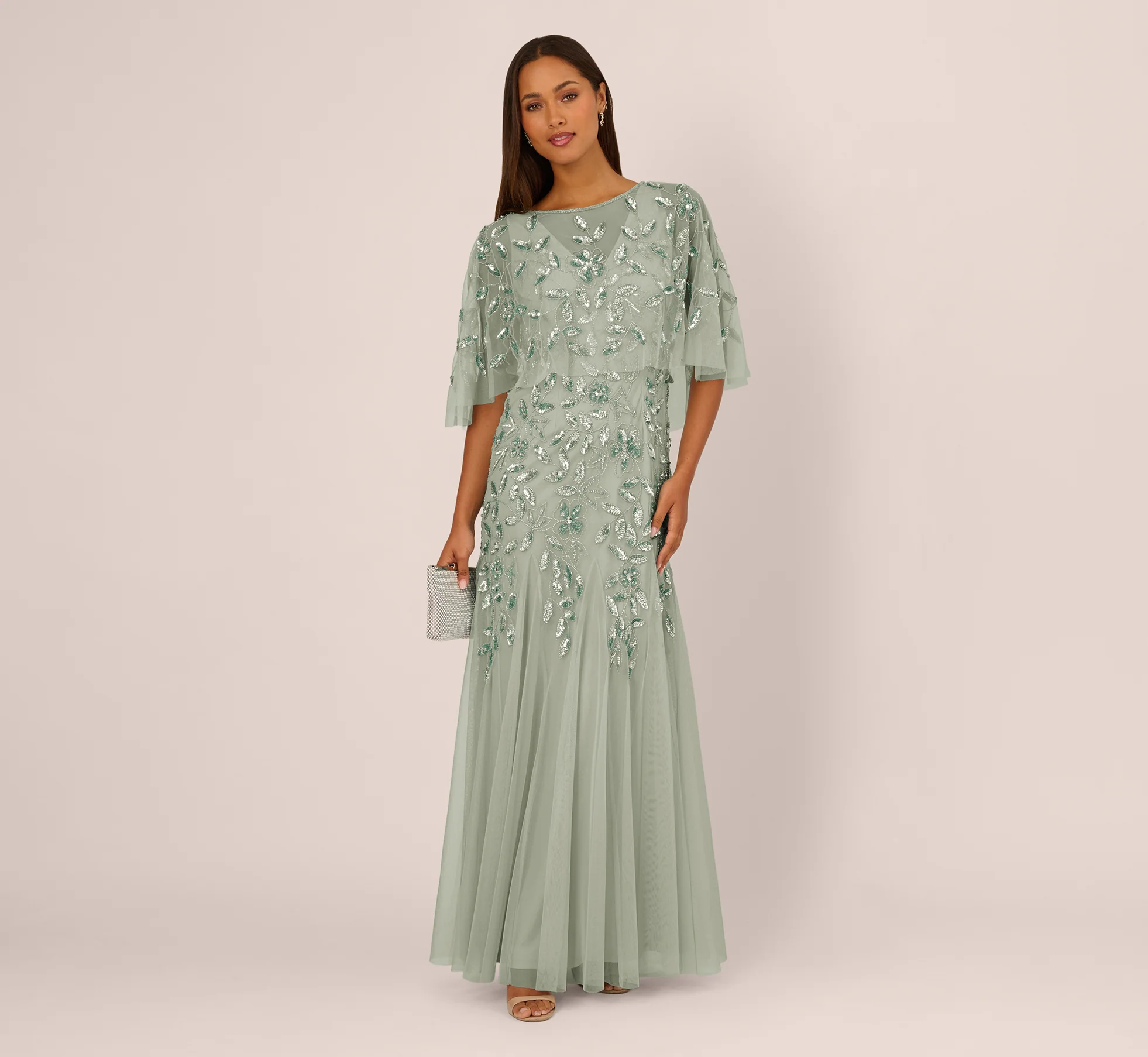Floral Beaded Godet Cape Gown In Aqua Dust - Image 2