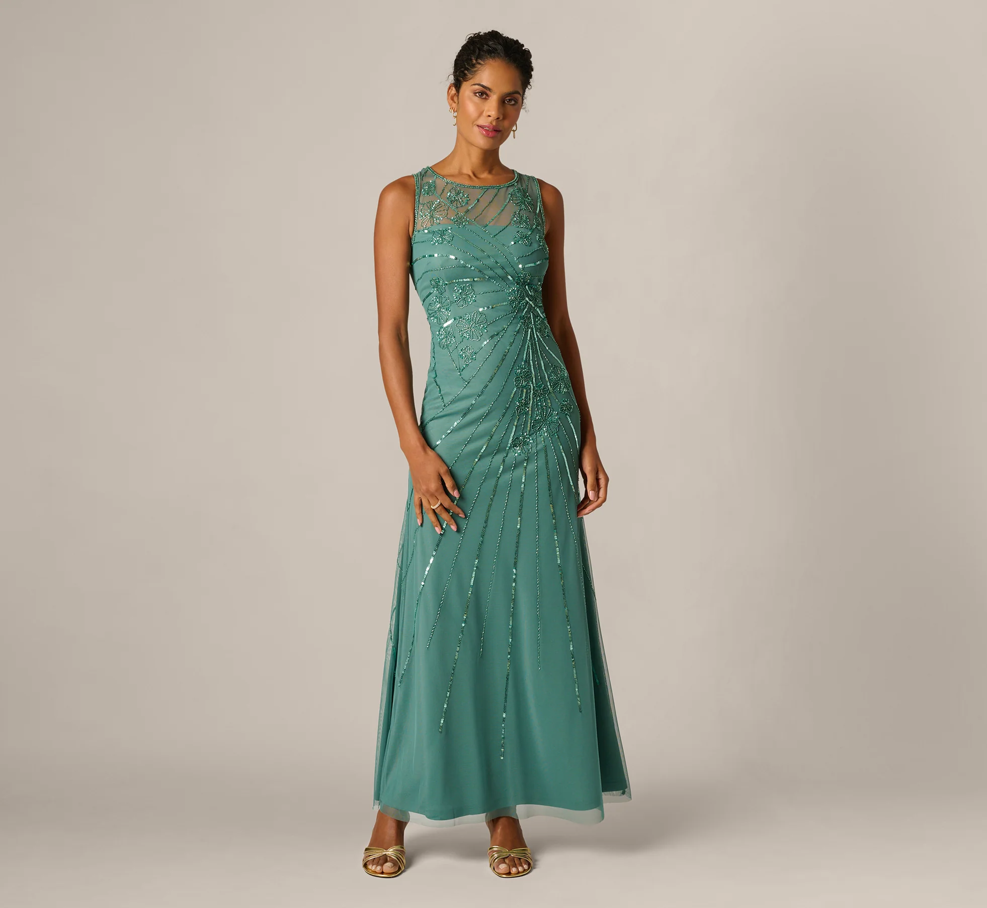Floral Beaded Illusion Mermaid Gown In Green Slate - Image 2