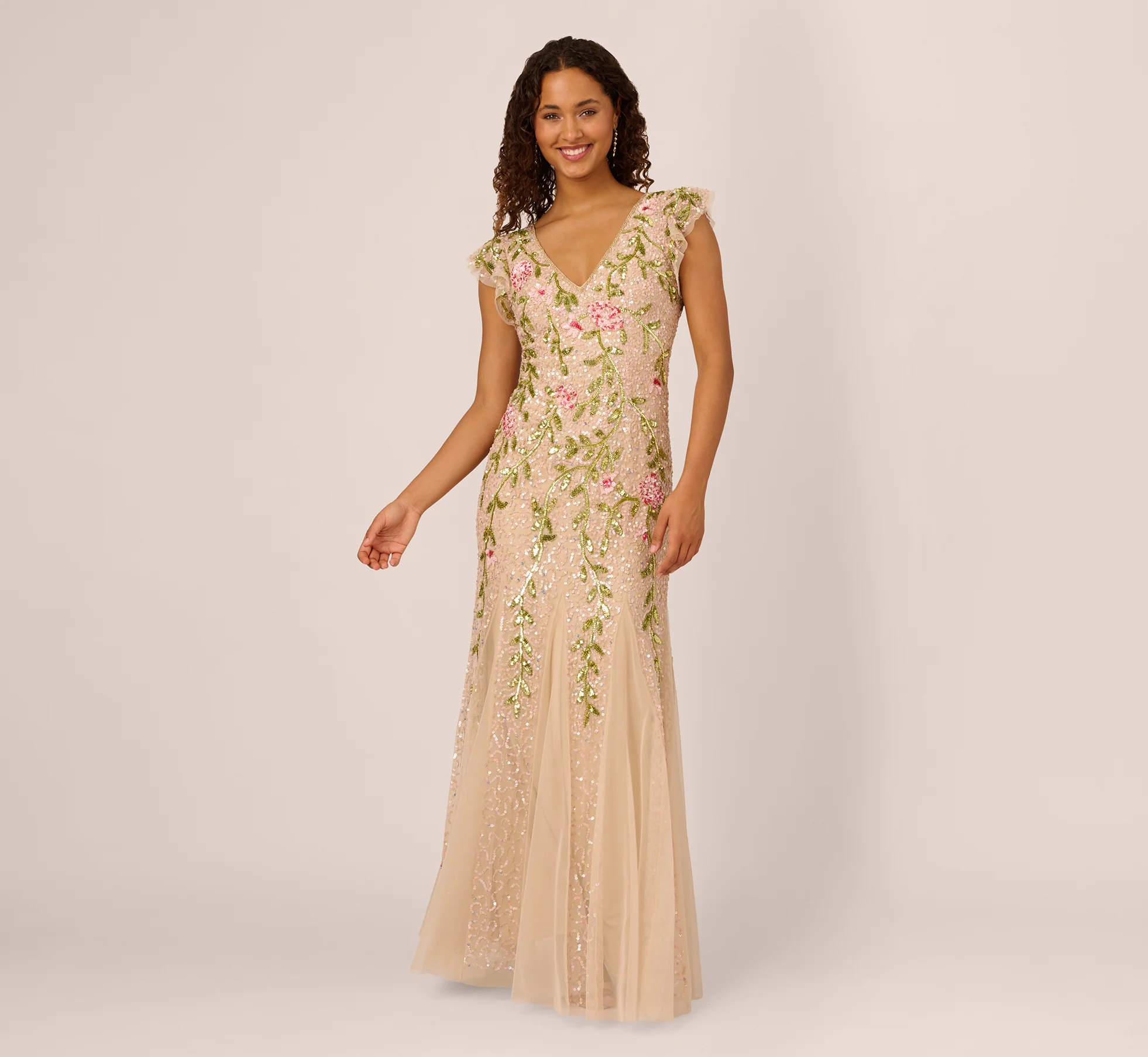 Floral Beaded Mermaid Gown With Flutter Cap Sleeves In Light Champagne - Image 2