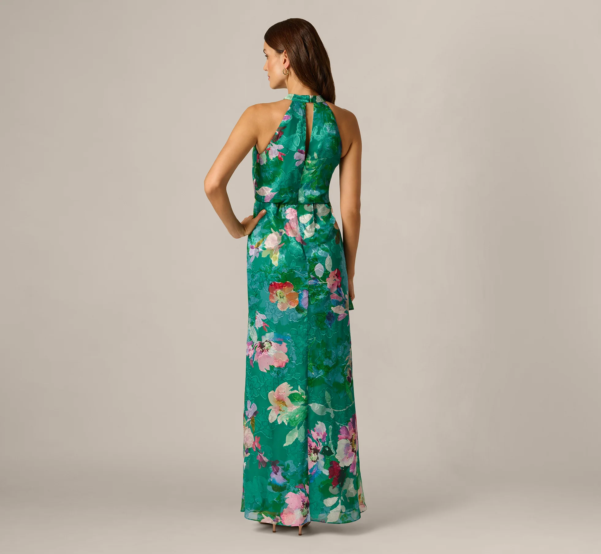 Floral Chiffon Blouson Ruffle Halter Gown In Green Multi - Image 6