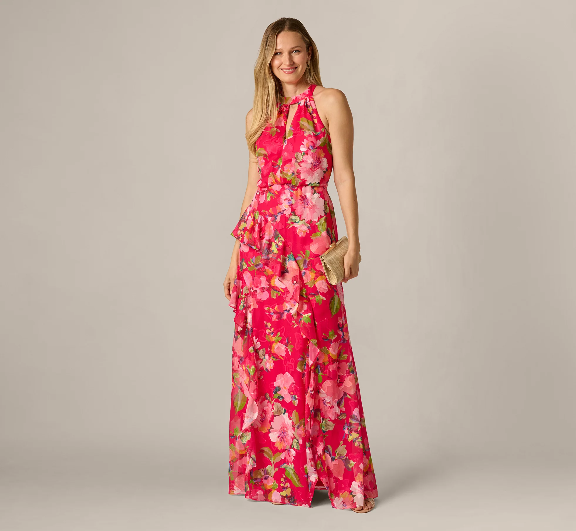 Floral Chiffon Keyhole Halter Maxi Dress In Pink Multi - Image 2