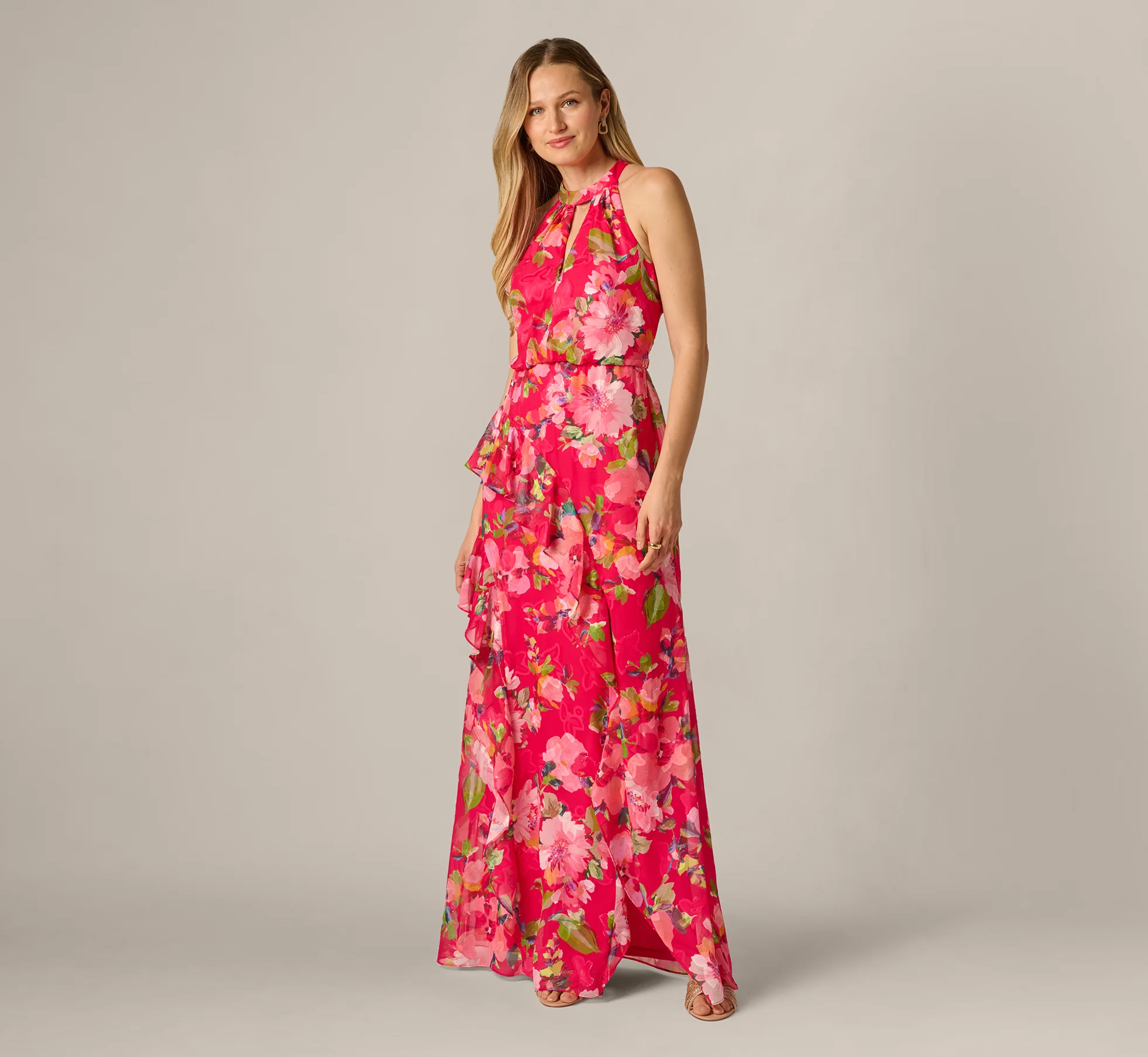 Floral Chiffon Keyhole Halter Maxi Dress In Pink Multi - Image 3