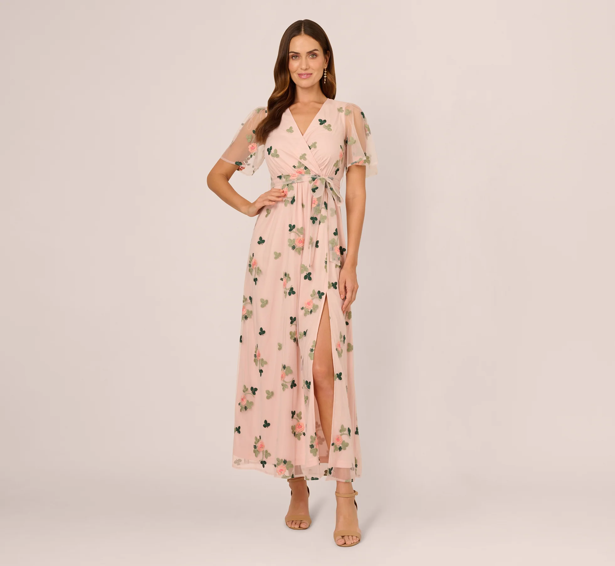 Floral Embroidered Maxi Dress With Sheer Flutter Sleeves In Blush Multi - Image 2