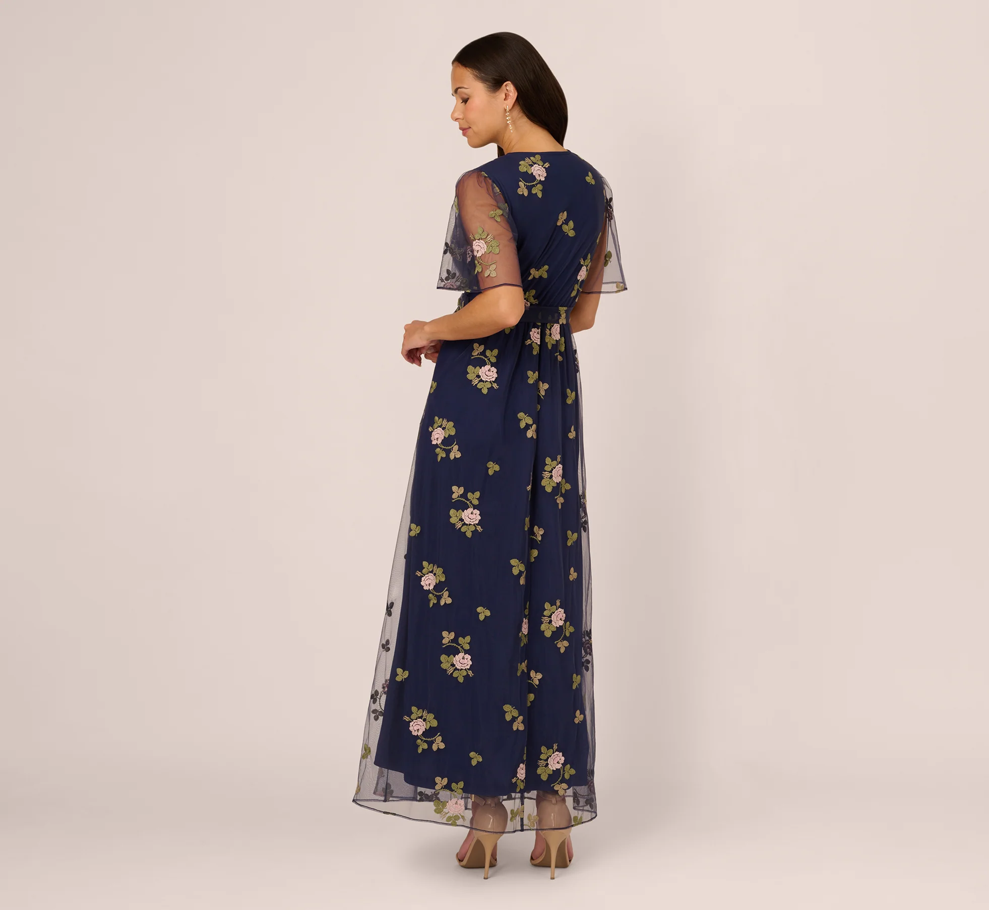 Floral Embroidered Maxi Dress With Sheer Flutter Sleeves In Navy Multi - Image 6