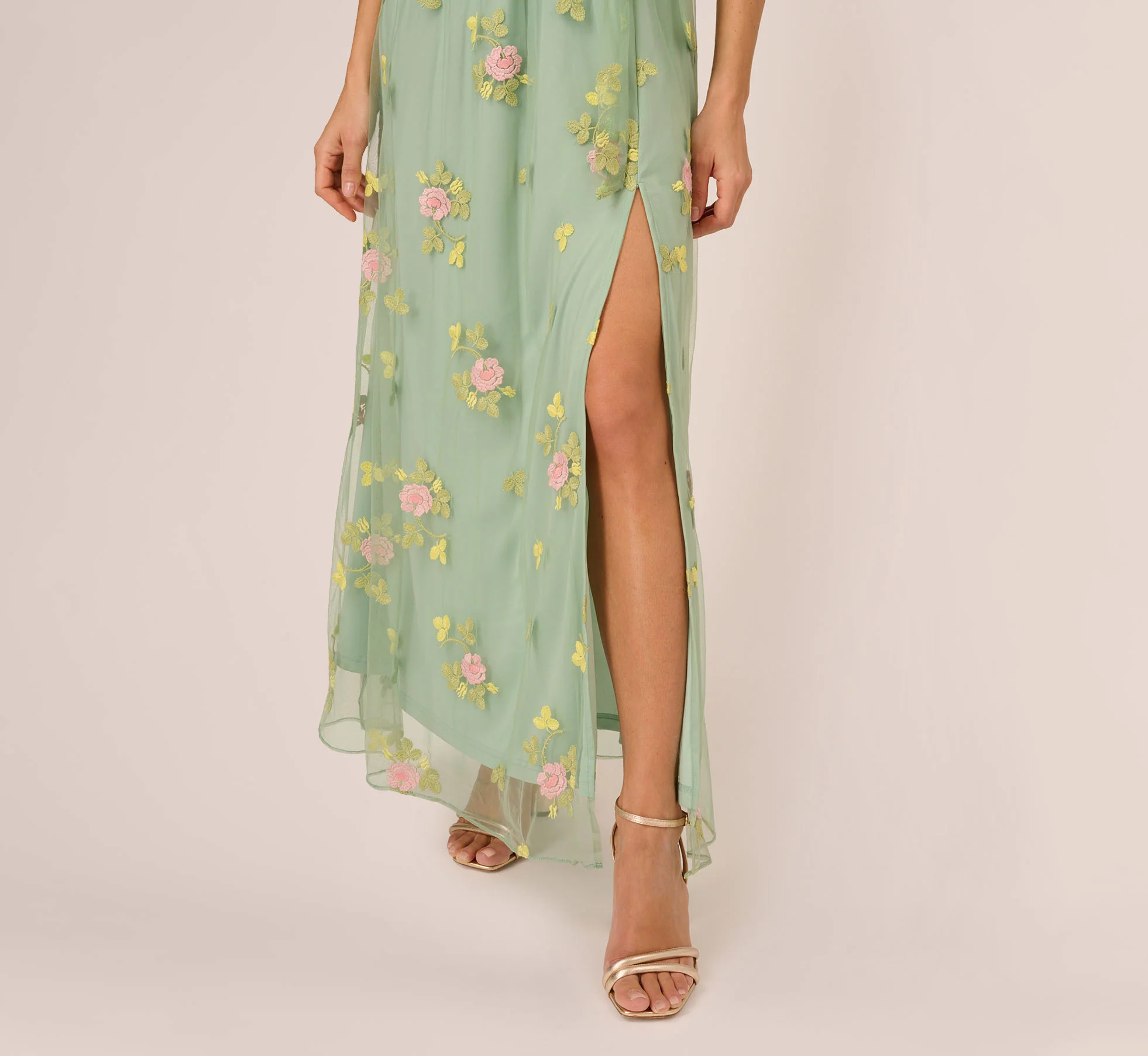 Floral Embroidered Maxi Dress With Sheer Flutter Sleeves In Sage Multi - Image 4